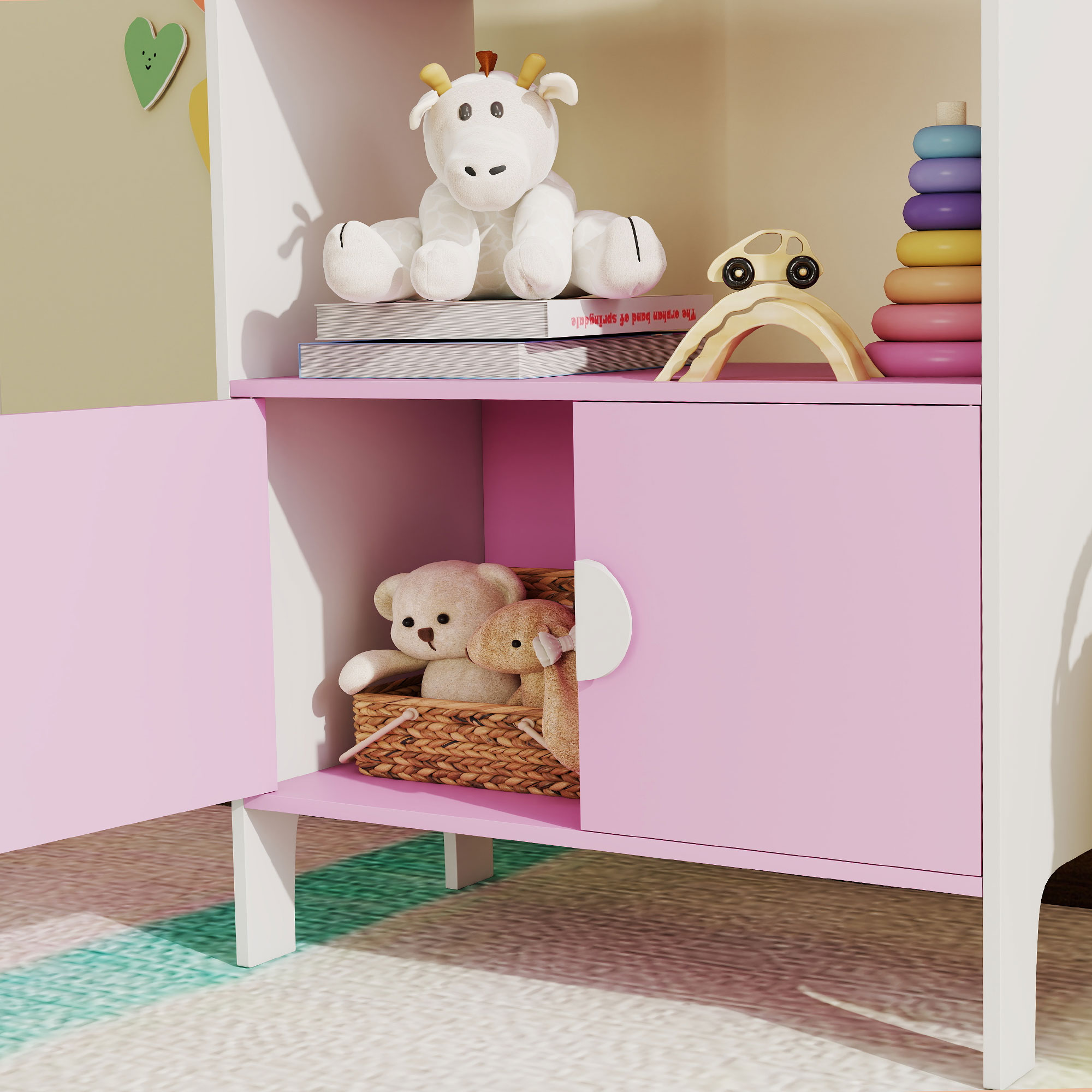 Bücherregal für Kinder, 2 Regale, 2 Schränke, freistehend, Anti-Kipp-Design, rutschfeste Füße, MDF, Rosa+Weiß