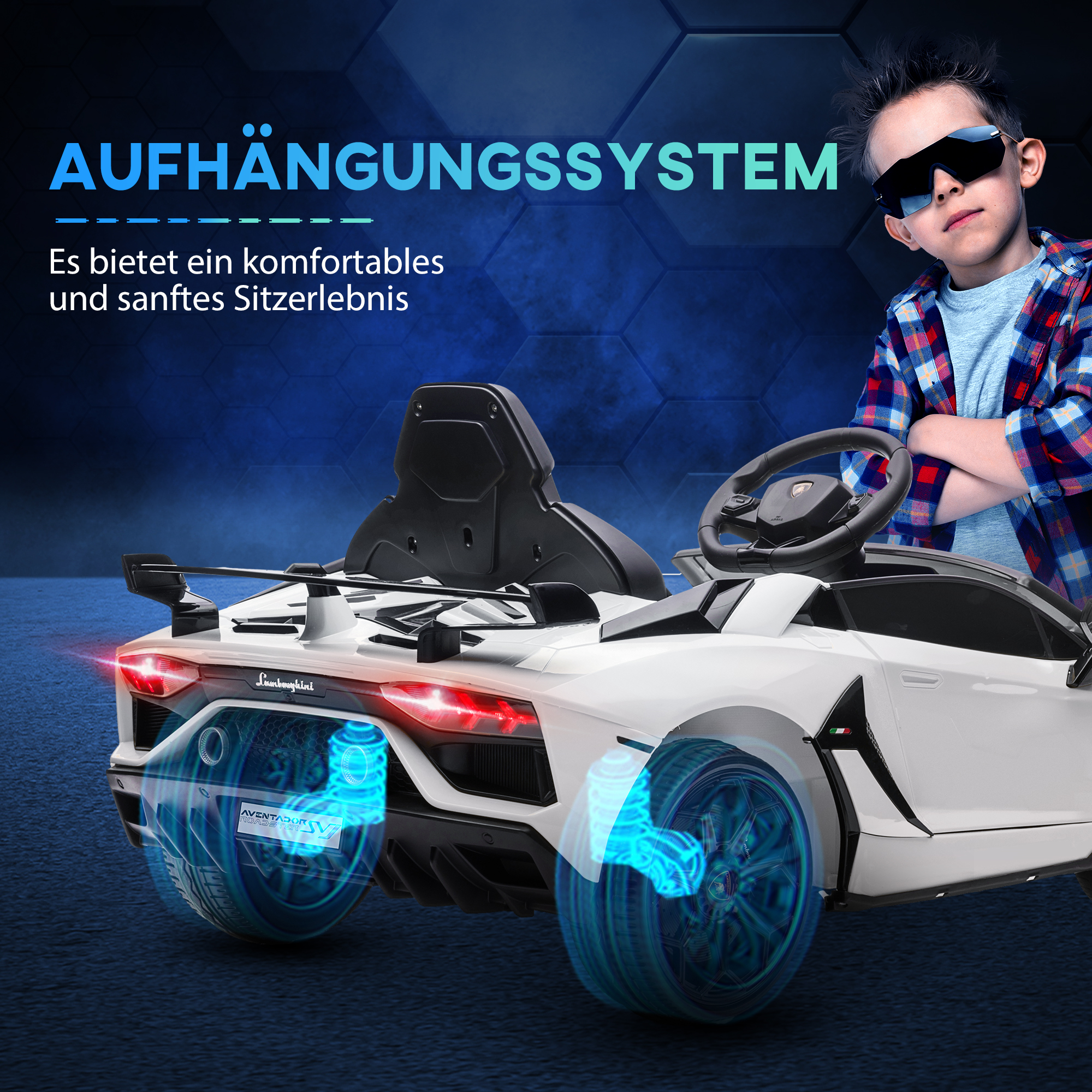 Elektro-Kinderauto, lizenzierter Lamborghini Aventador, Flügeltüren, Musik, Hupe, für 3-5 Jahre, Weiß