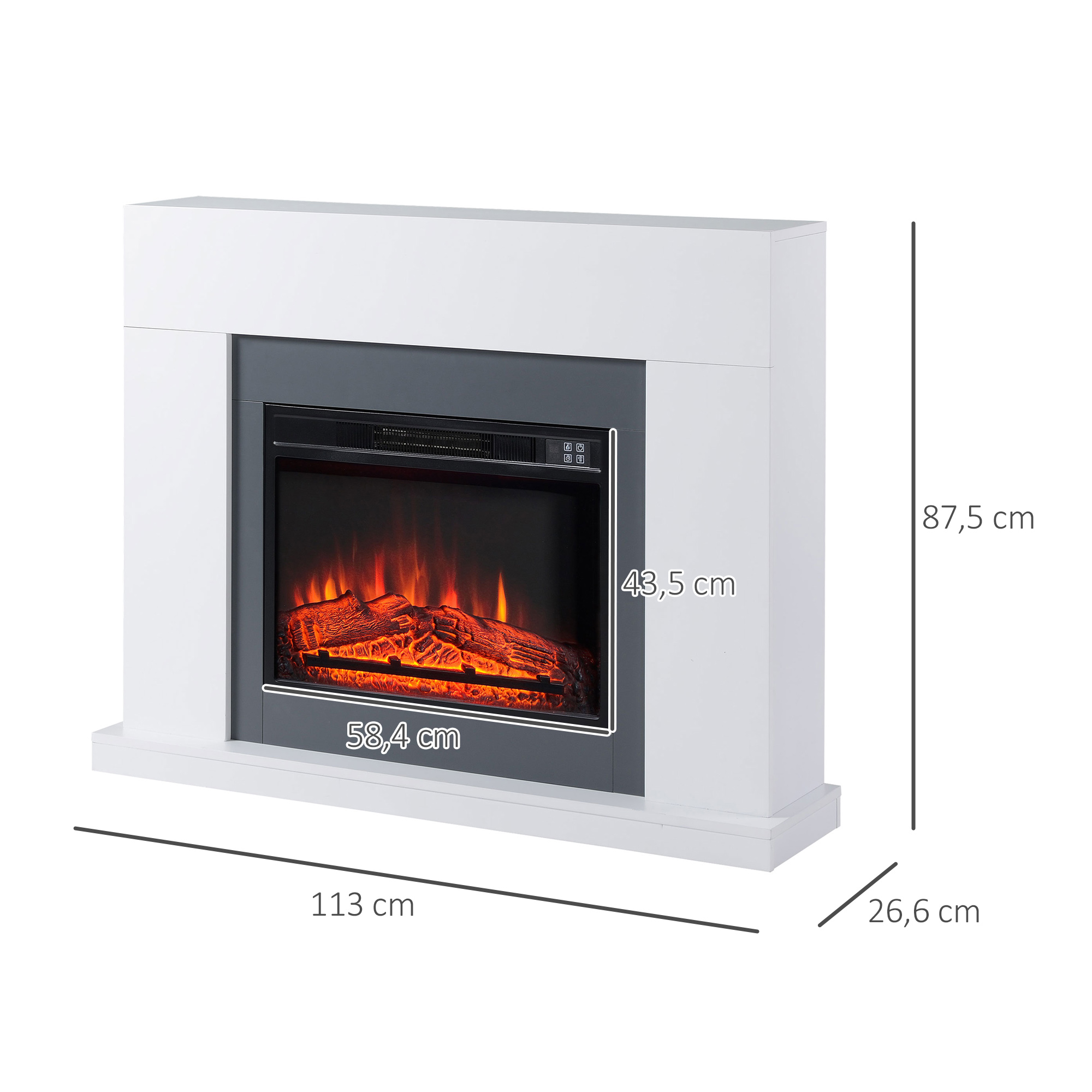 LED Elektrokamin Standkamin Kaminofen mit Flammeneffekt 1800/2000W Innenraumheizung mit Holzrahmen Dekokamin MDF Weiß 113 x 26,6 x 87,5 cm