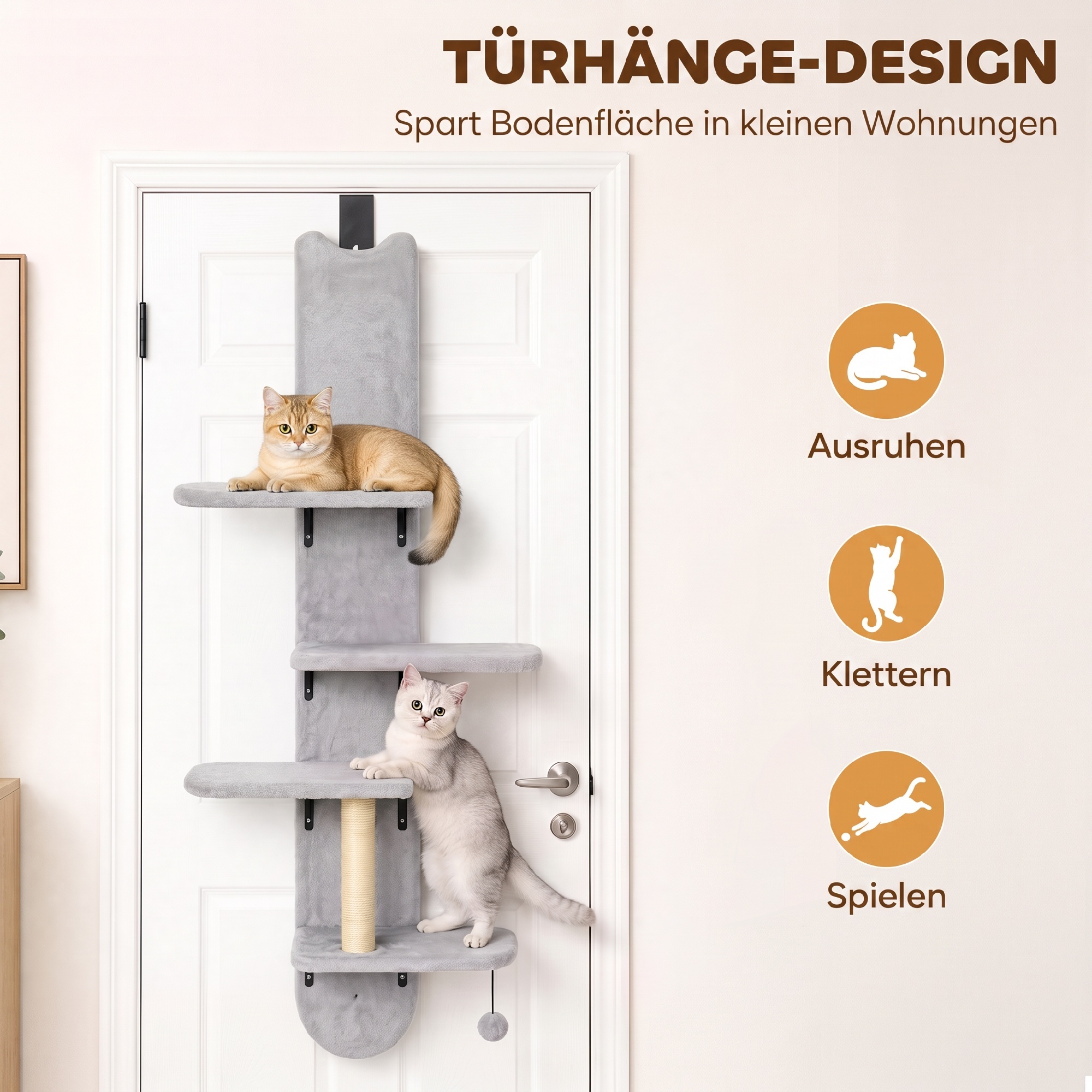 Katzenkletterwand für die Tür Wandkratzbaum mit Sisal-Kratzstamm in Hellgrau