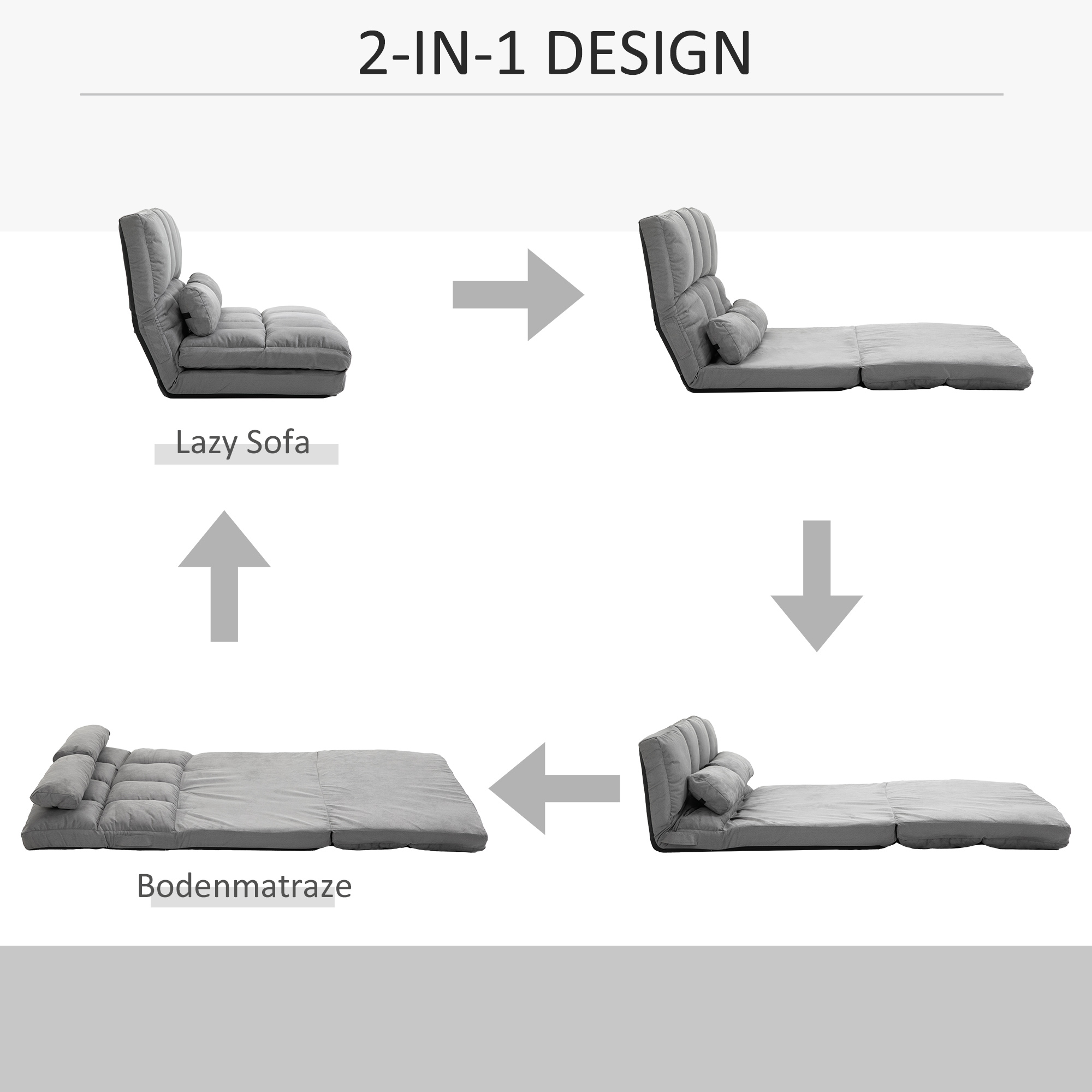 Bodenstuhl Bodensessel mit Liegefunktion Verstellbarer Rückenlehne Sitzkissen Relaxsessel zum Fernsehen, Lesen Meditationsstuhl Lazy Sofa Lesesessel für Meditation Yoga Büro Grau