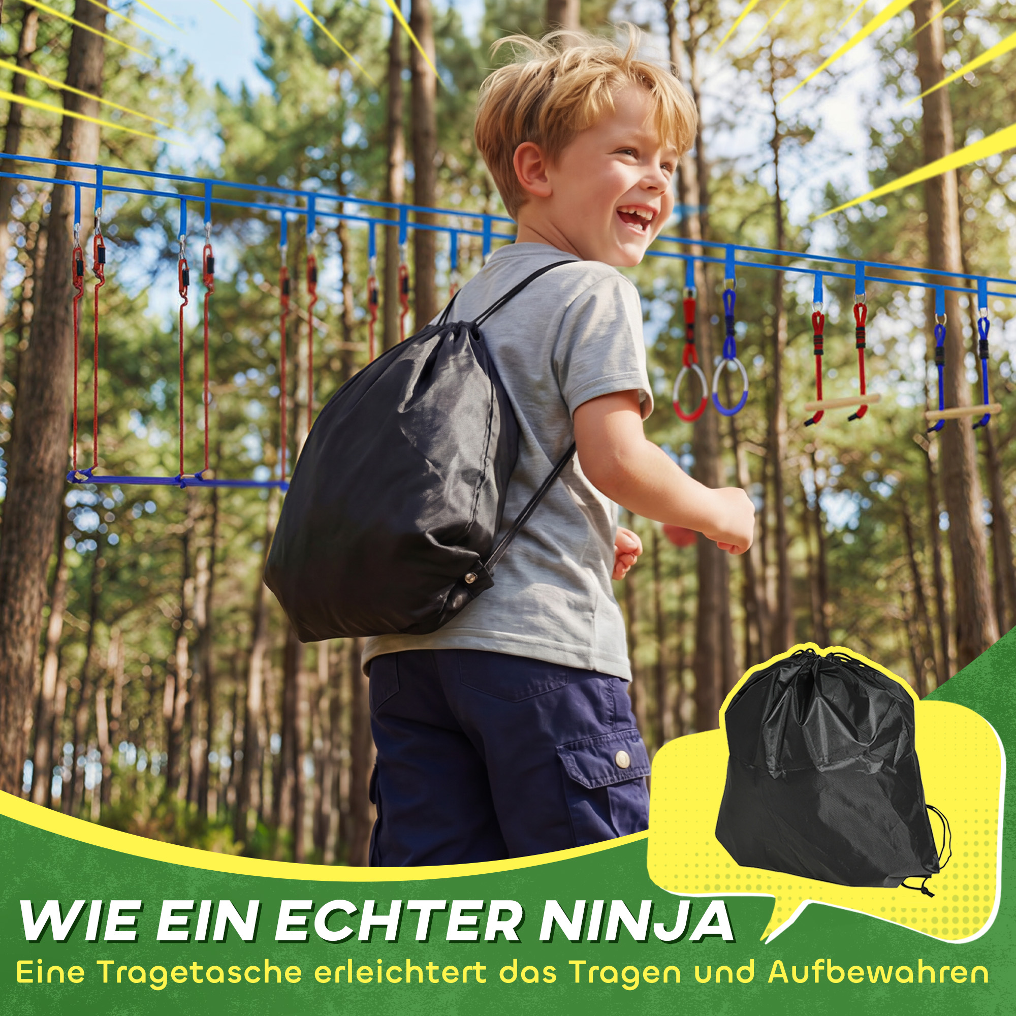 Ninja Line Kinder 24 m Slackline Set mit Turnringe 7 Hindernissen Kletterstange Balancierbrücke für 3-6 Jahre Rot+Blau