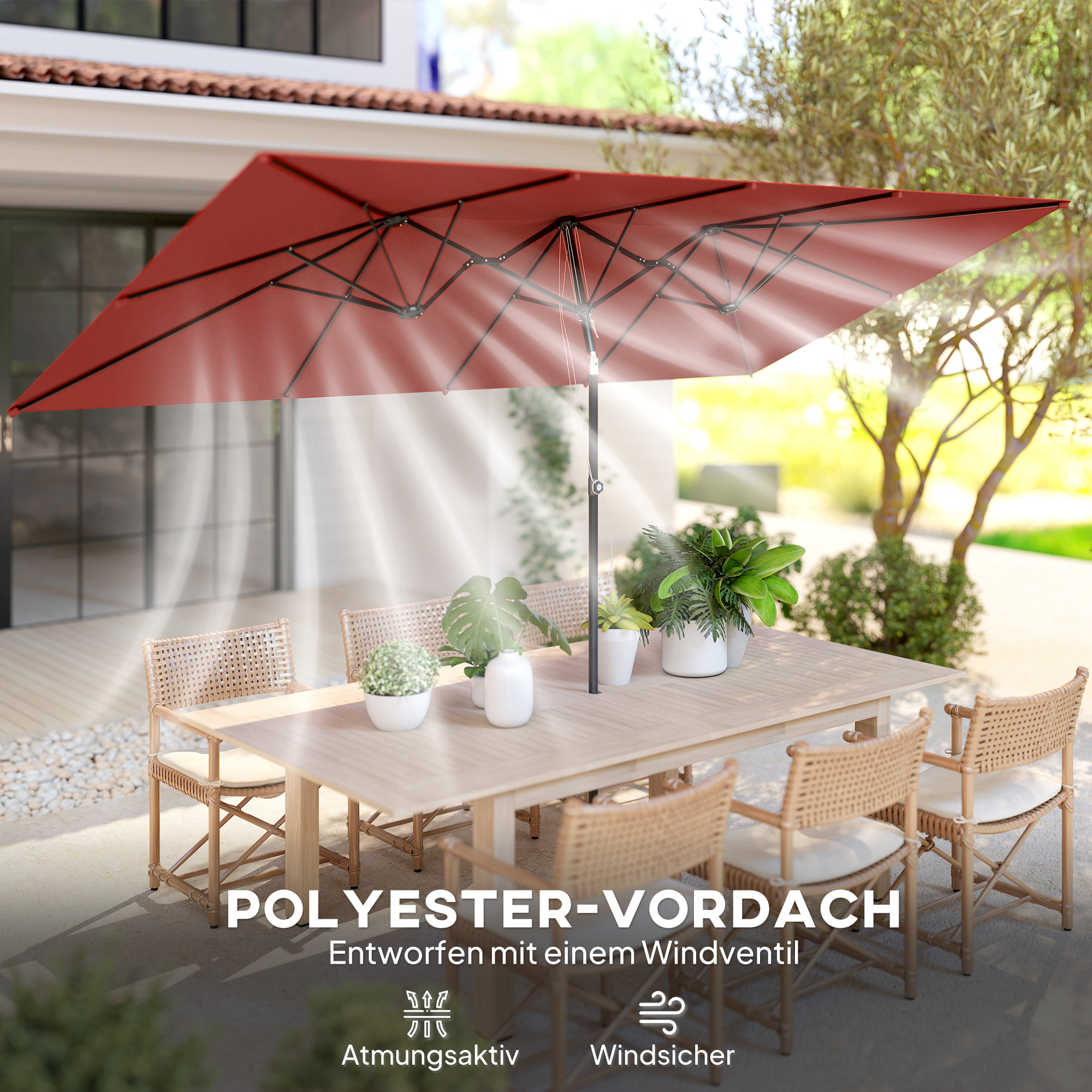 Großer Sonnensschirm, höhenverstellbar, neigbar, 150x295x170-214 cm, Weinrot