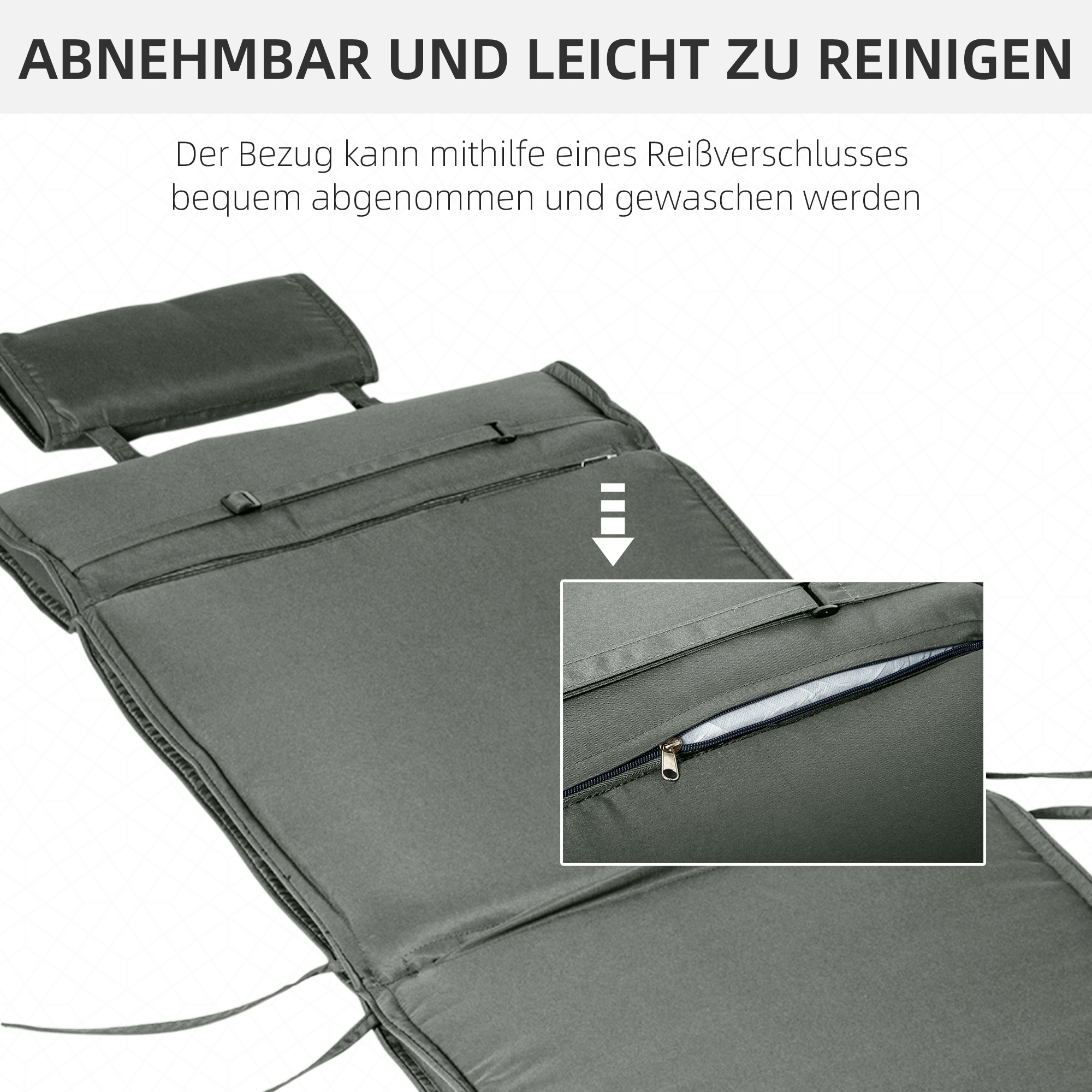Liegenauflage Liegenpolster Gartenliege mit Kopfkissen abnehmbar Bezug Grau 198 x 53 x 5 cm NUR Kissen