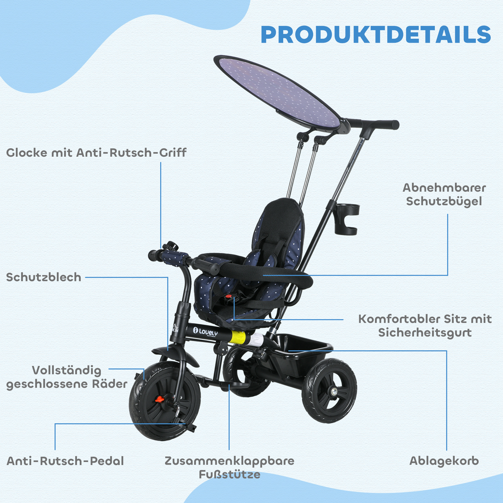 6-in-1 Kinderdreirad mit Schiebestange, Dach, Gurt, Ablagekorb, für 1-5 Jahre, Dunkelblau