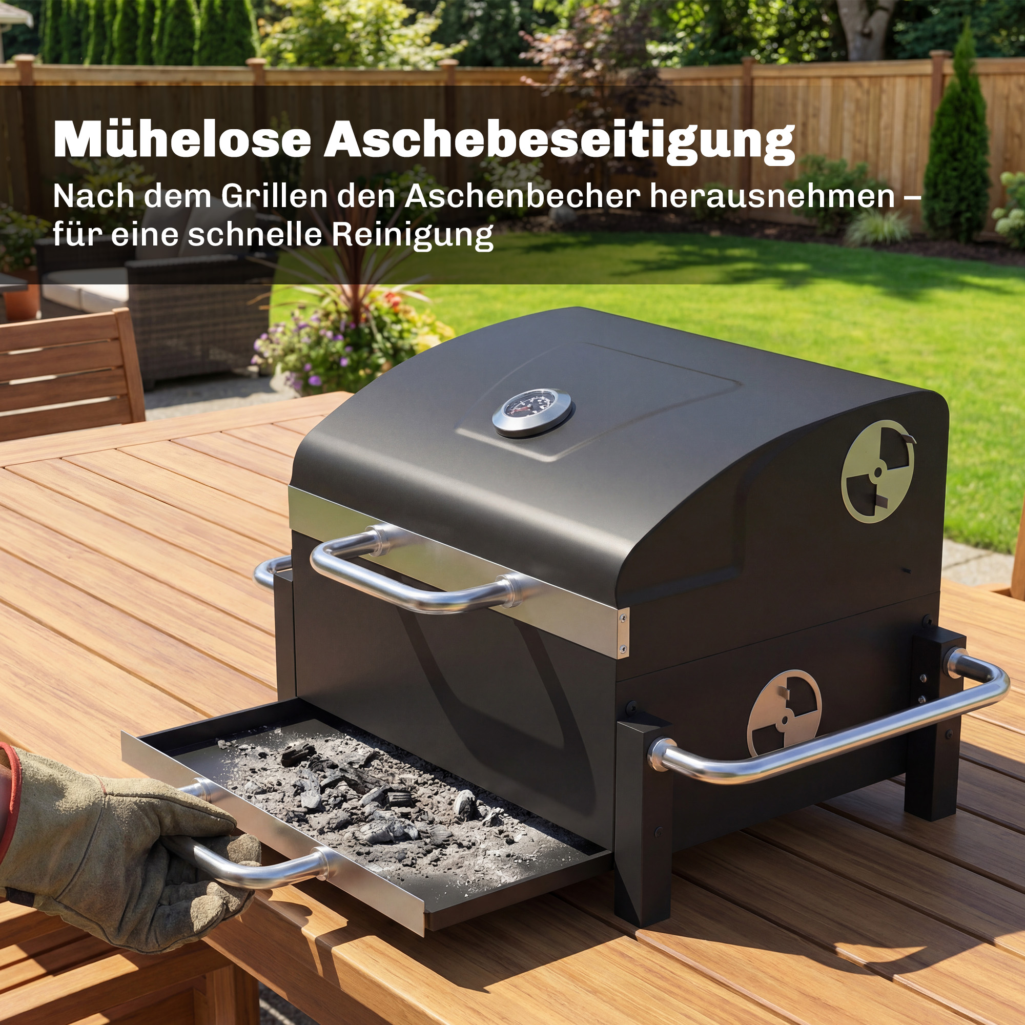 Holzkohlegrill aus Stahl tragbarer BBQ Smoker mit Deckel verstellbare Lüftung zweistufige Kohlepfanne Thermometer