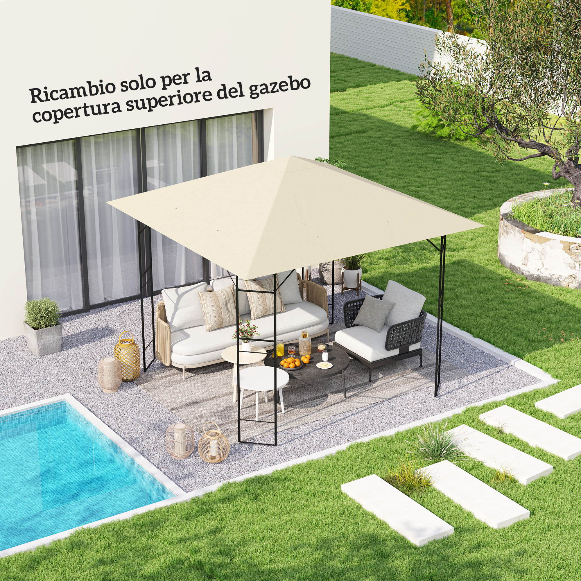 Gartenpavillon-Dach 3x3 m mit 8 Entwässerungslöchern, aus Oxford 600D Gewebe, Cremeweiß