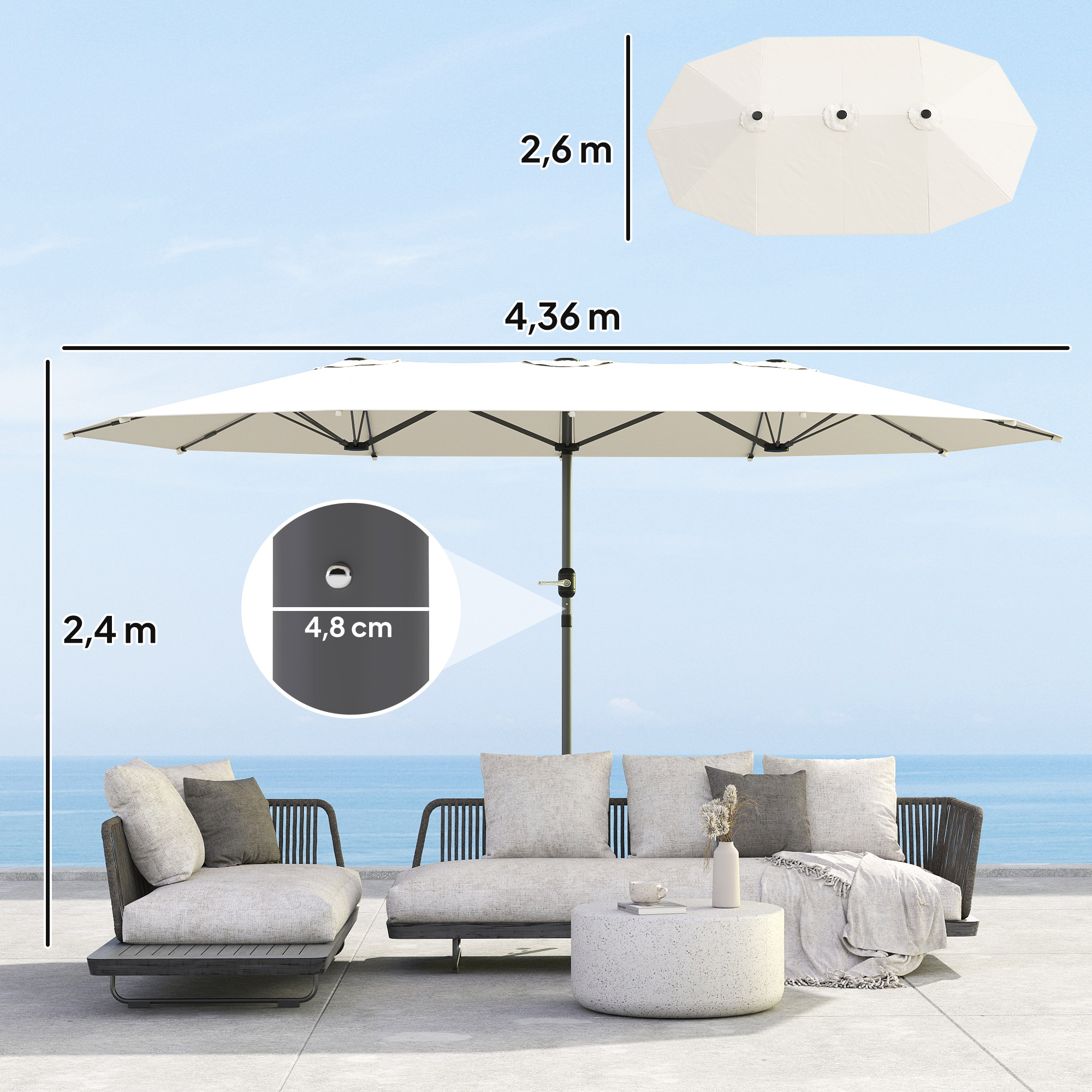 Doppelsonnenschirm 436 x 260 cm, UV Schutz Stahl Sonnenschirm mit Handkurbel, oval Beige