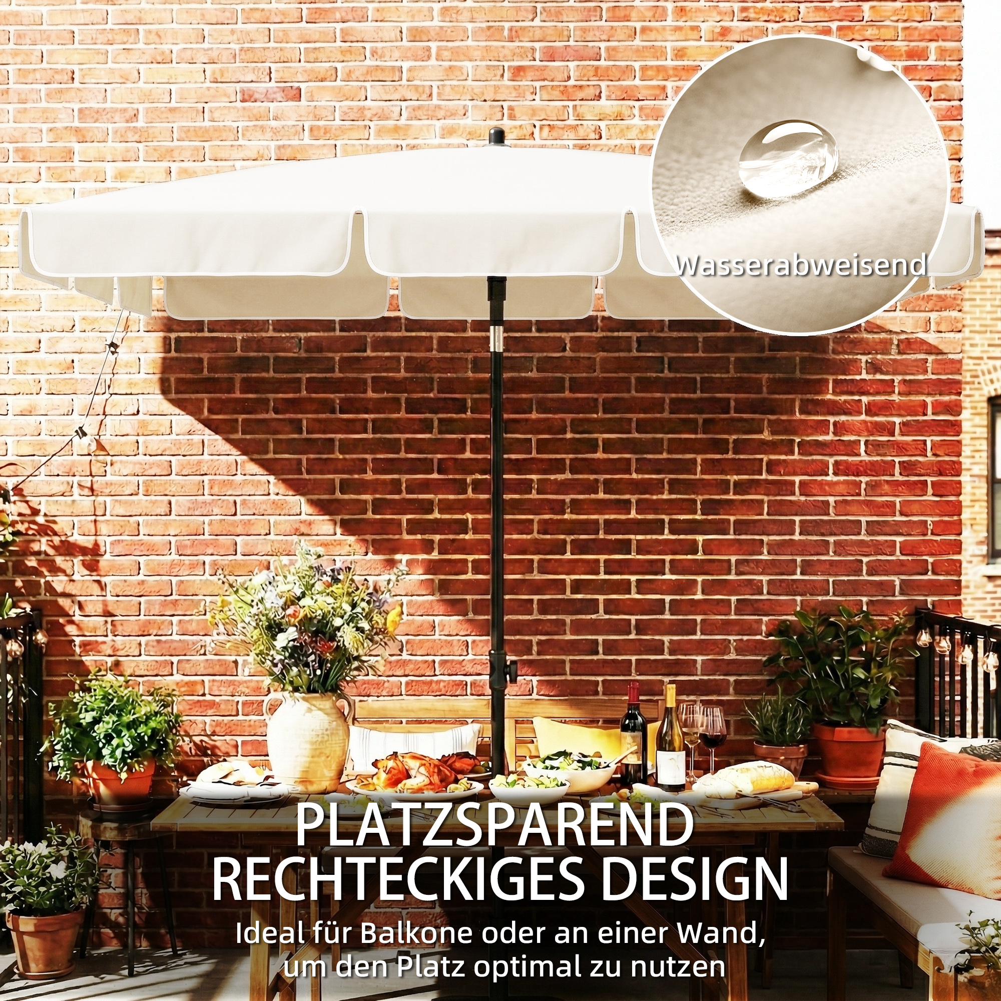 Sonnenschirm 183 x 122 cm, Wasserabweisend Balkonschirm mit 3-fach Neigung mit 8 Streben Beige