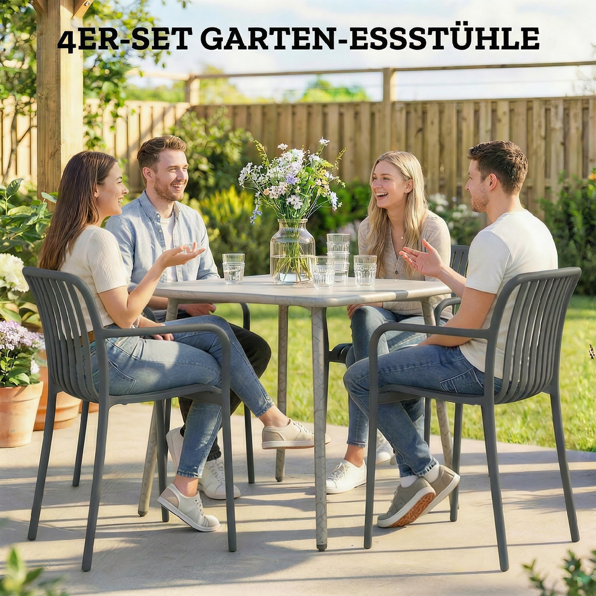 Gartenstühle 4er Set Stapelbare Terrassenstühle mit Lamelldesign Armlehnen, Ergonomisch Dunkelgrau