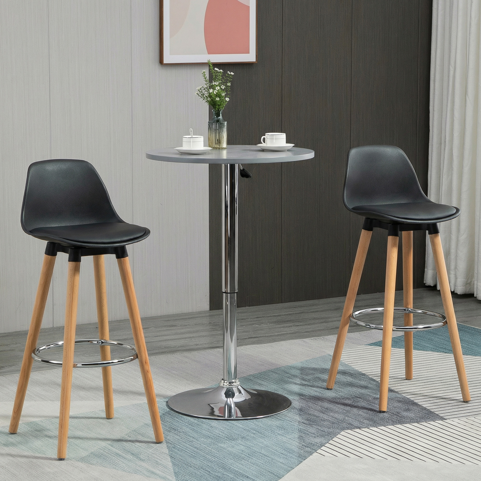 2er-Set Barhocker Barstühle Skandi-Design, Fußtstütze, 43 cm x 43 cm x 91 cm, Natur + Schwarz