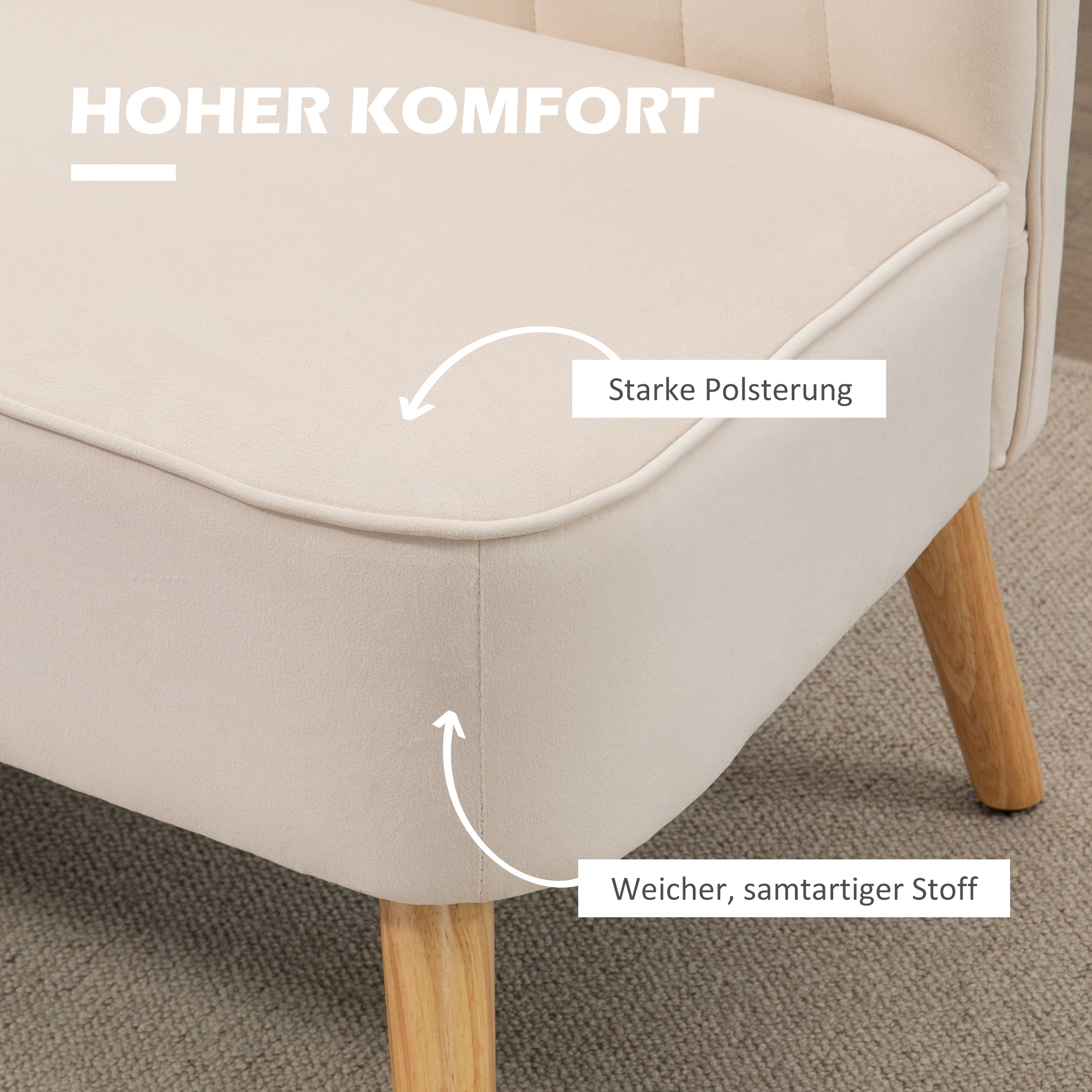 Sofa Retrodesign 2-Sitzer-Sofa, Holzbeine, 117 cm x 56,5 cm x 77 cm, Cremeweiß