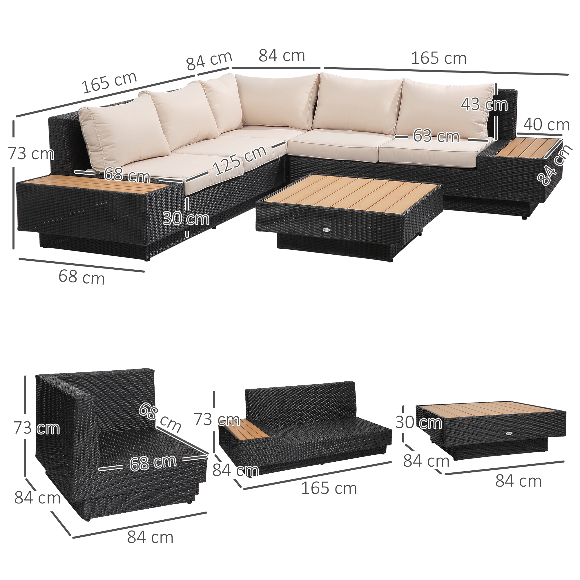 4-tlg. Luxus Polyrattan Gartengarnitur Gartenmöbel Garten-Set Sitzgruppe Loungeset Loungemöbel inkl. Ablagen und Beistelltisch Sitzkissen Schwarz