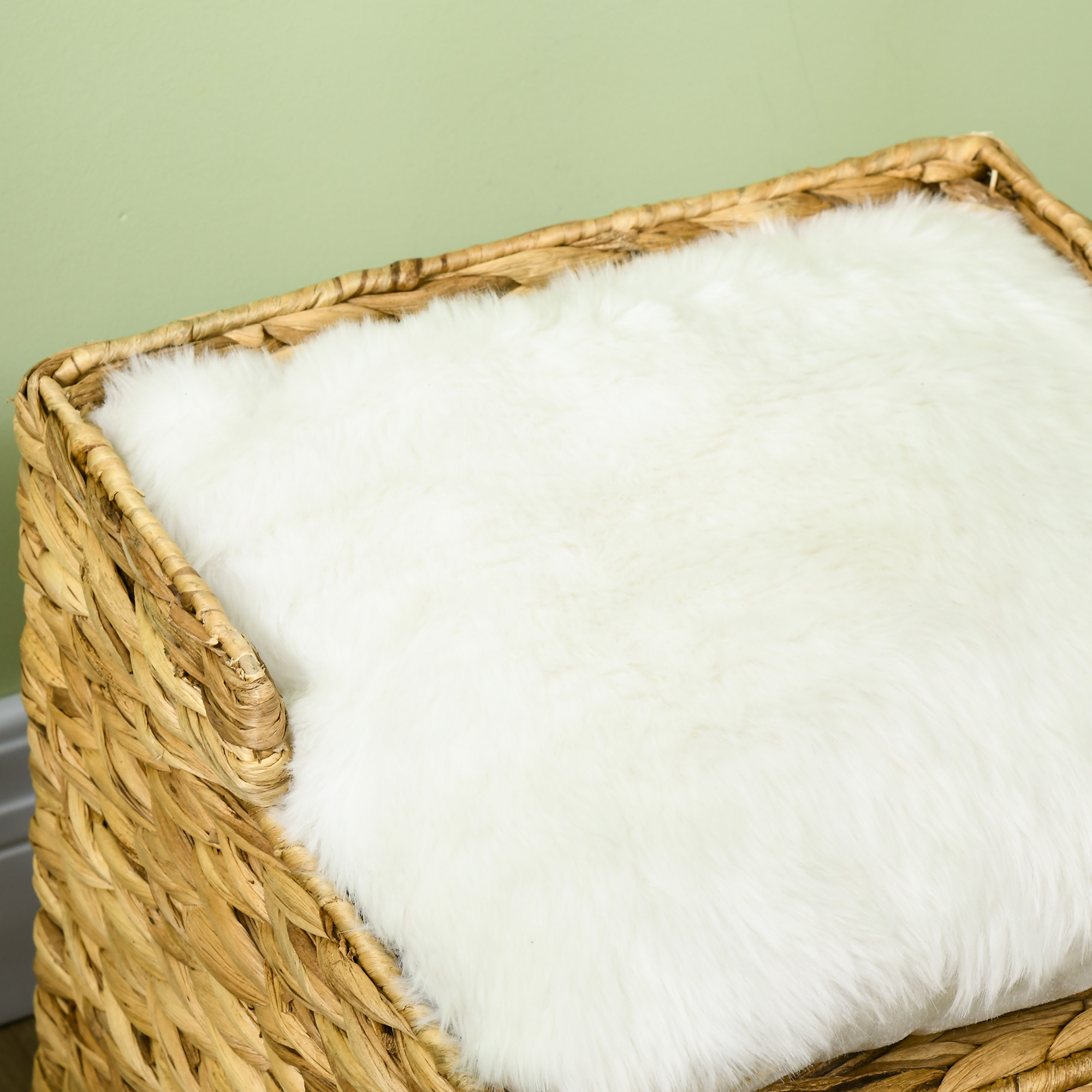 Katzenhöhle aus Wasserhyazinthen-Gras, 2 Liegefläche, 2 waschbare Kissen, Natur + Weiß