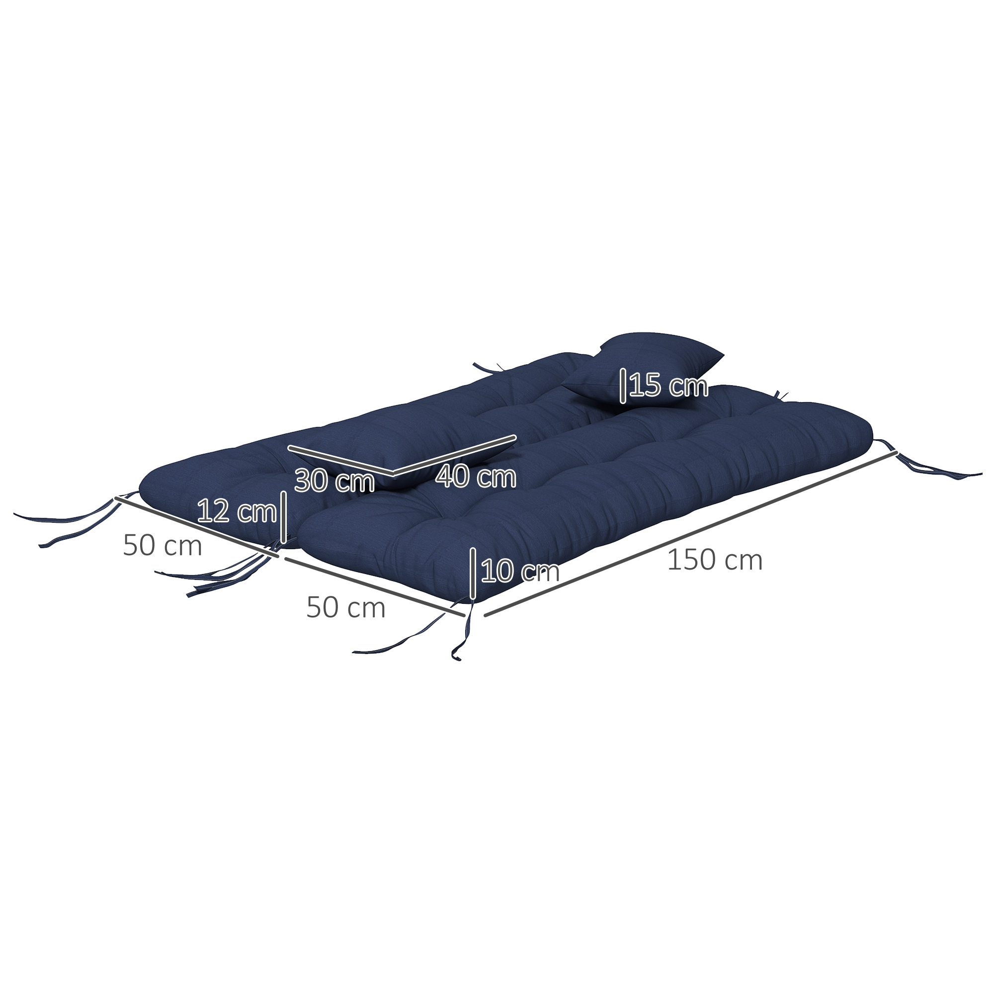 4er-Set Sitzkissen, 150x50 cm wasserabweisend Stuhlkissen mit Bindebänder, 10cm dick Marineblau
