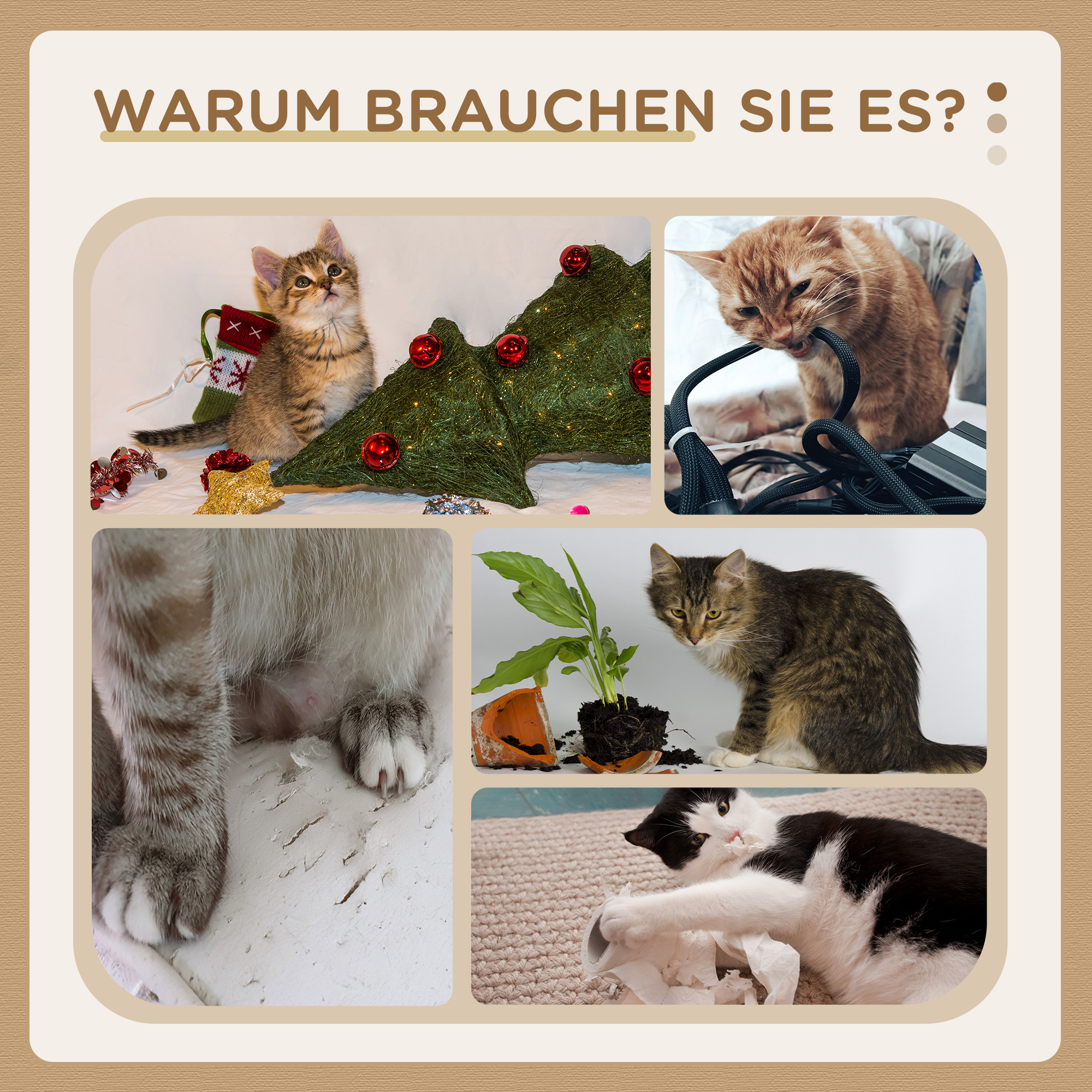 Kratzbaum mit Katzenhöhle, Liegeplattform, Spielball, 45x40x116cm, Braun/Beige