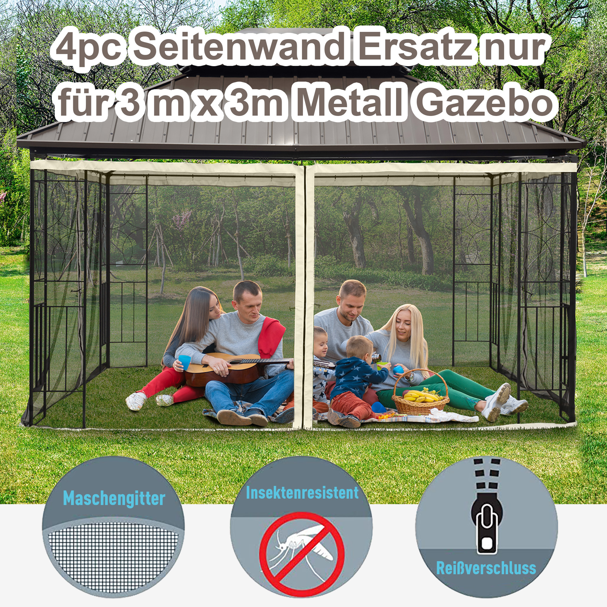 Moskitonetz für 3x3 Pavillon 4 Seitenteile Fliegennetz mit Haken Reißverschluss Mückennetz Insektenschutz Fliegengitter Nylon-Mesh Schwarz