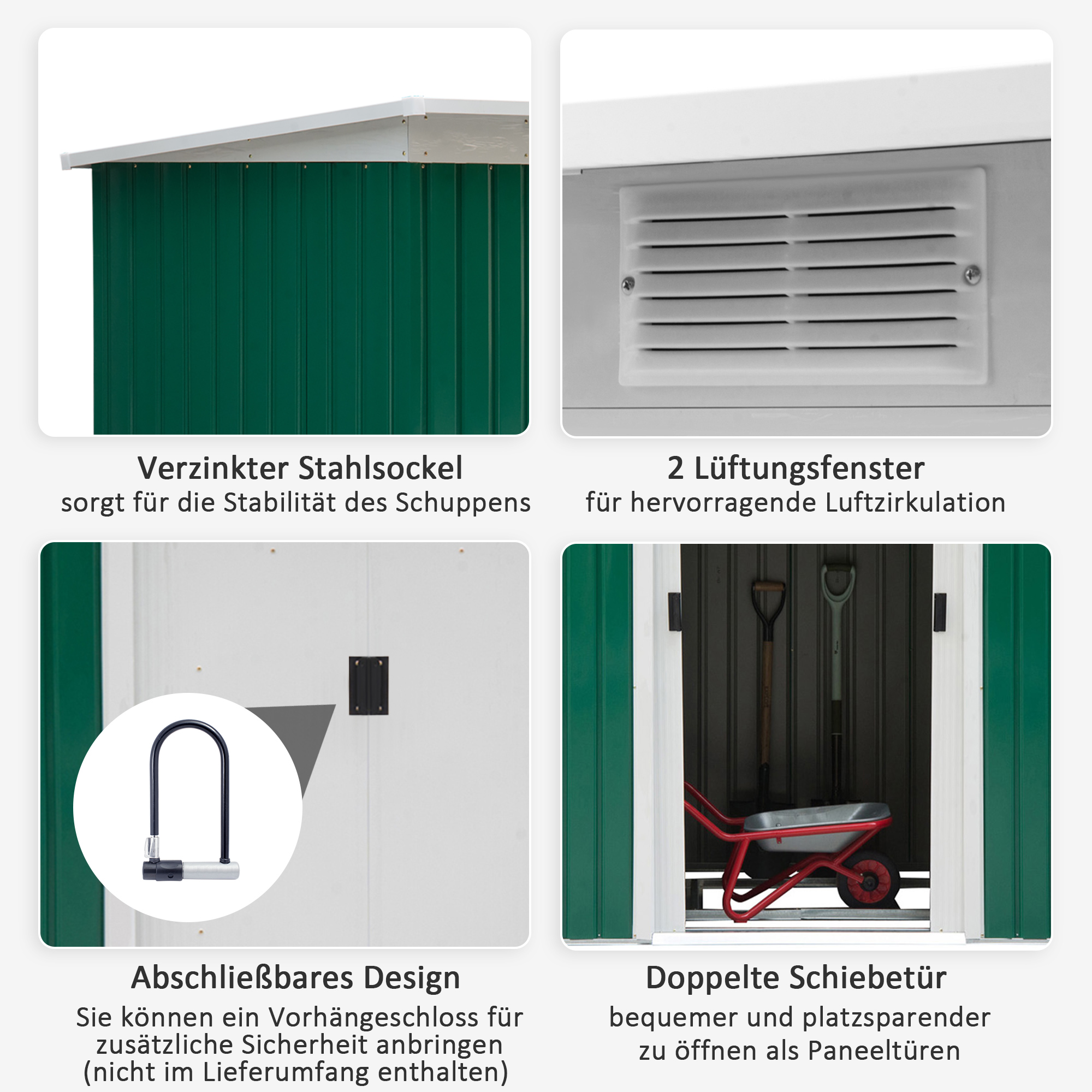 Metall Gerätehaus 6,3m³ 280x130x172cm Geräteschuppen mit Pultdach Schiebetür wetterfest Gartenhaus Outdoor Garten Schuppen Schrank für Hinterhof Außenbereich Anthrazit, Dunkelgrün