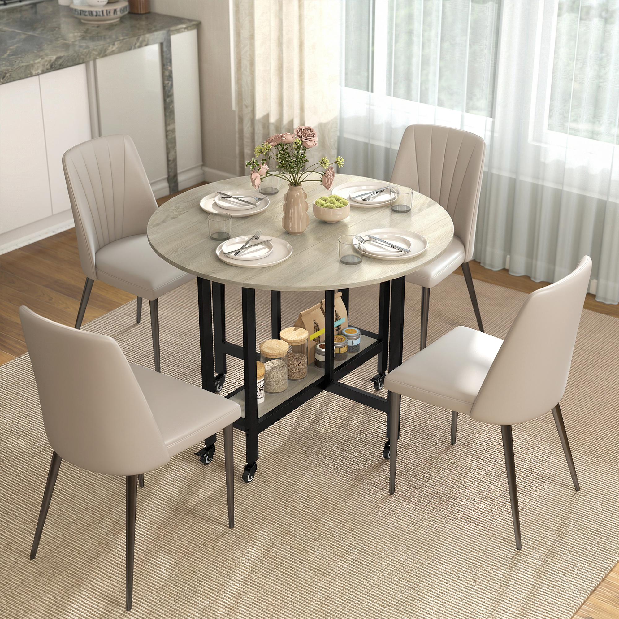 Klapptisch, Tisch mit Klappfunktion und offener Ablage, Rollbarer Küchentisch für Esszimmer, kleine Räume, Natur