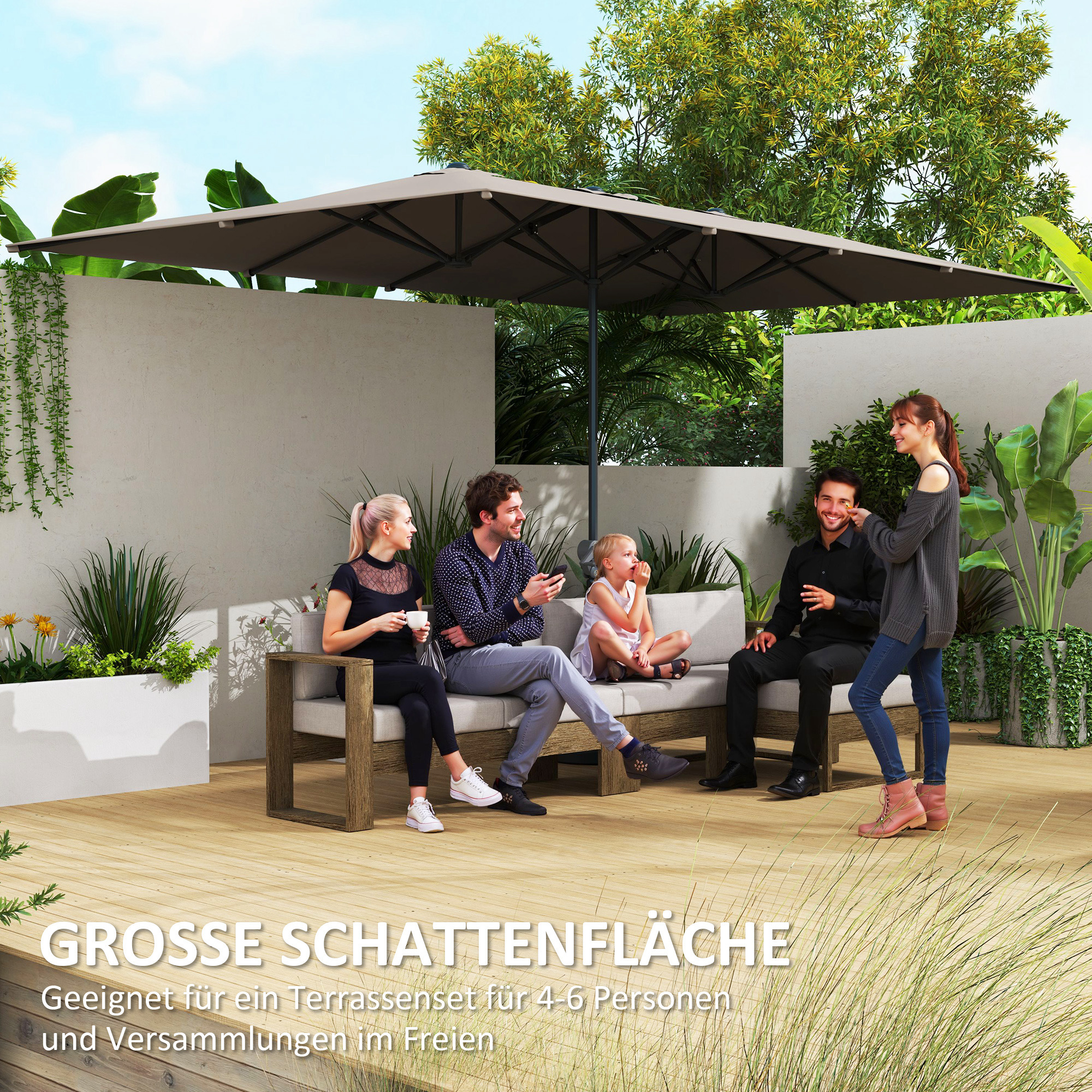 Doppelseitiger Schirm, 451 x 264 cm Sonnenschirm mit Kurbelsystem, 12 Metallstreben, Aluminiummast, Dunkelgrau
