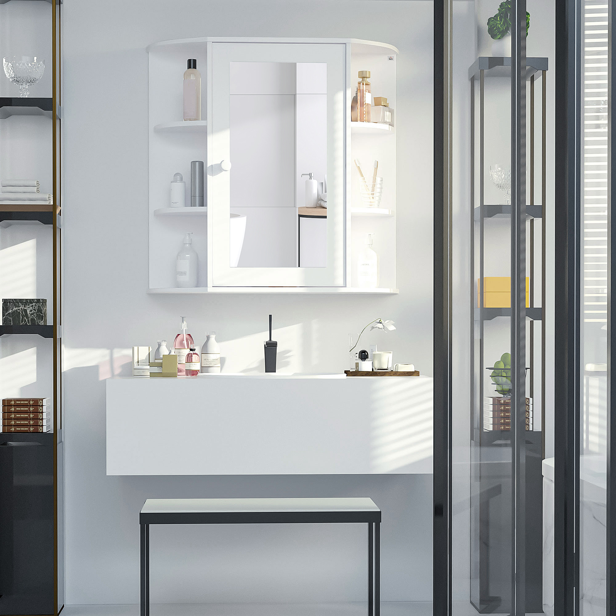Spiegelschrank Badschrank Badezimmerschrank, 8 Fächer, Spiegeltüren, wasserbeständig, 66 cm x 17 cm x 63 cm, Weiß