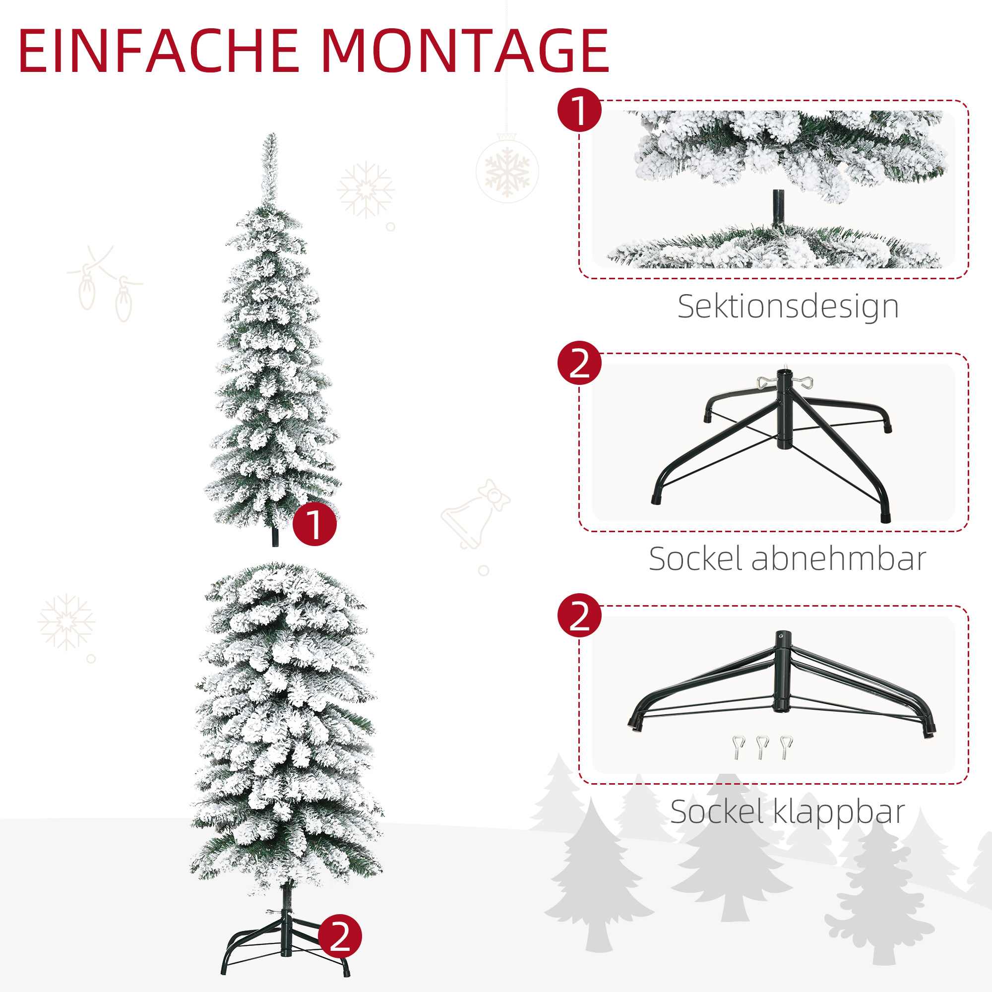 Künstlicher Weihnachtsbaum, schneebedeckt, schmales Design, feuerfest, 180 cm, Grün/Weiß