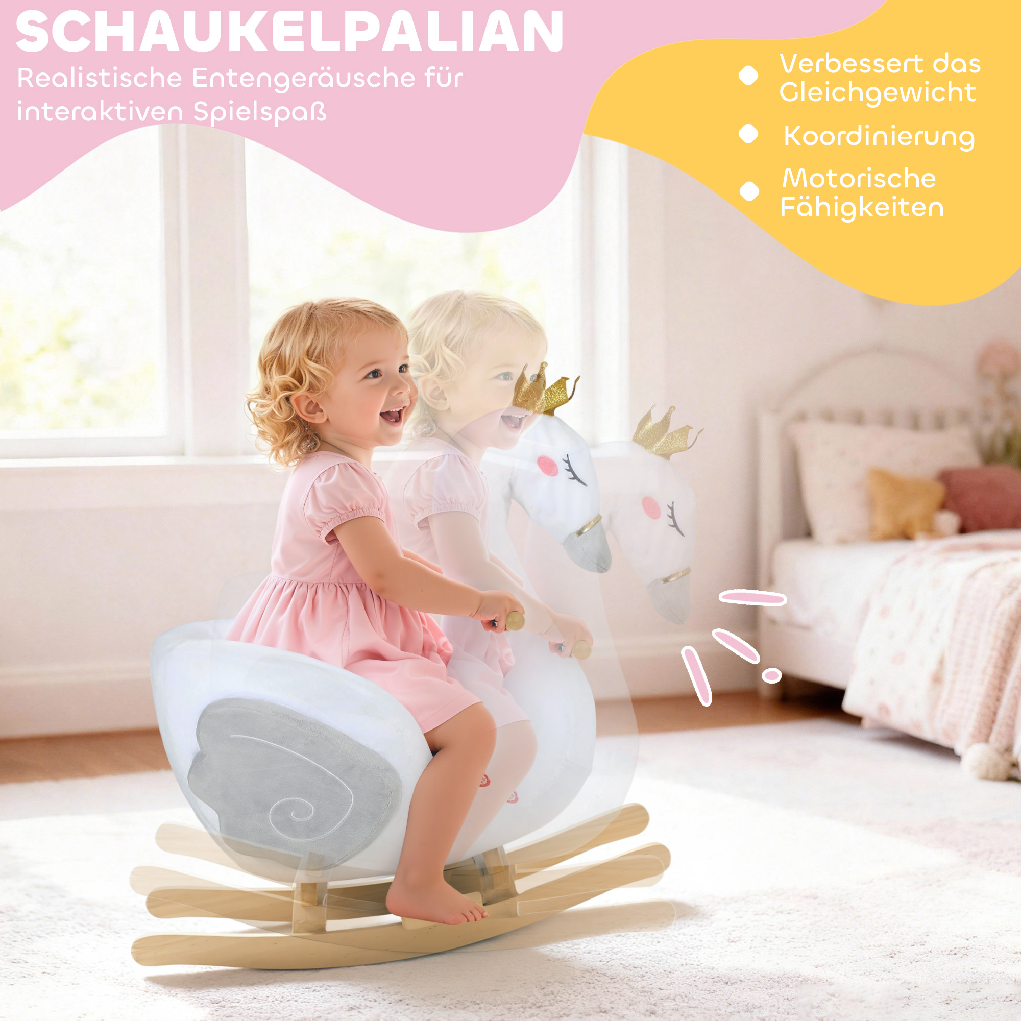 Schaukeltier, Schwan-Schaukel mit Schlaflied, weicher Füllung, Holzrahmen, für Kinder 1,5-3 Jahre, 65x40x68 cm, Weiß