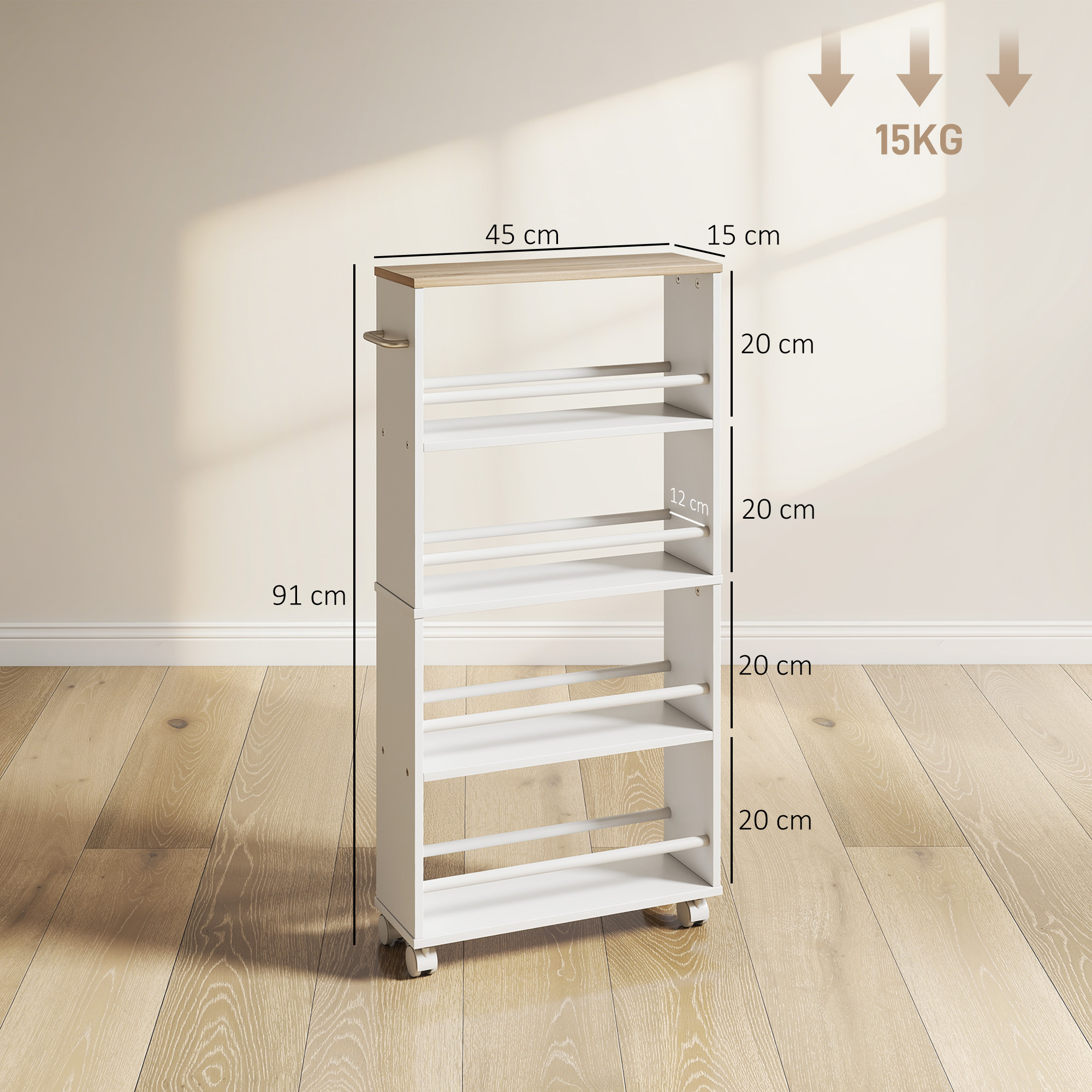 Multifunktionsregal mit Rollen, schmale Bauweise, 4 Fächer, 45x15x91 cm, Natur