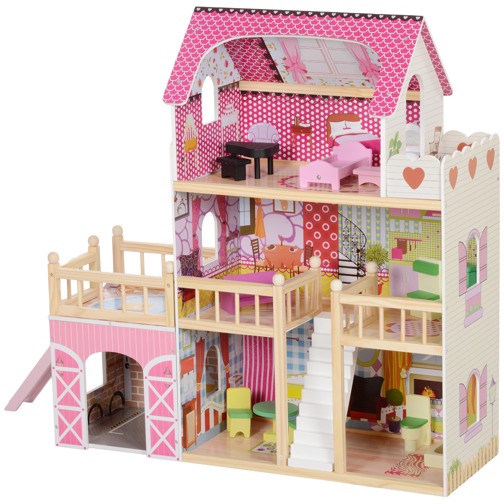 Puppenhaus, 3 Etagen, 13 Möbelstücke, Garage, Rutschen & Balkon, 114 x 32 x 92 cm, Rosa