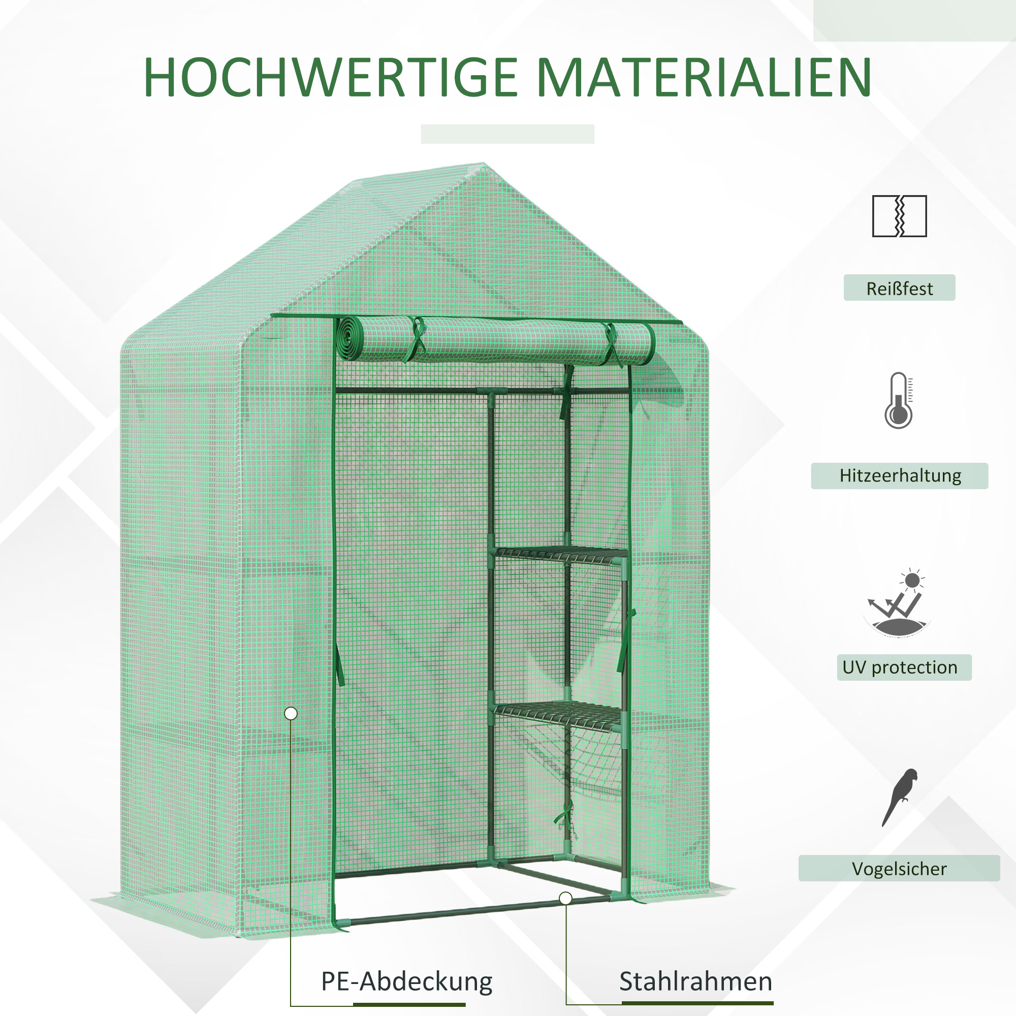 Foliengewächshaus Gewächshaus mit 6 Regalebenen begehbares Gartenhäuschen Treibhaus Tomatenhaus Pflanzenhaus mit aufrollbarem Eingang Frühbeet Grün 141 x 72 x 191 cm