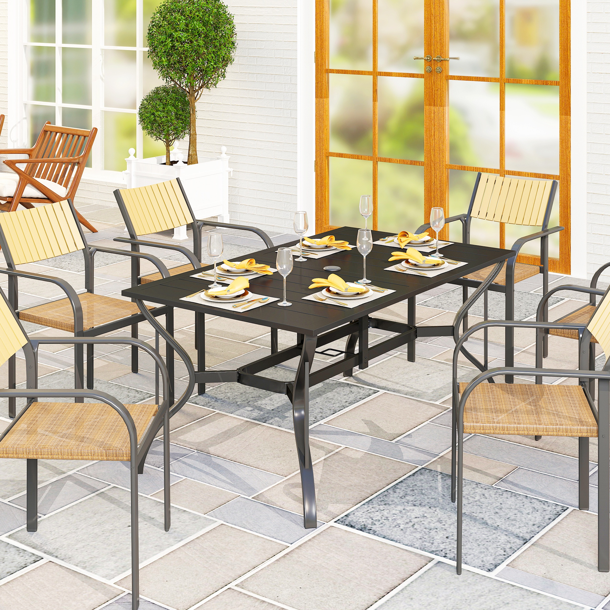 Gartentisch Stahl 150x90 cm Wetterfest Balkontisch mit Schirmloch, Lamellen-Design für 6 Personen Schwarz
