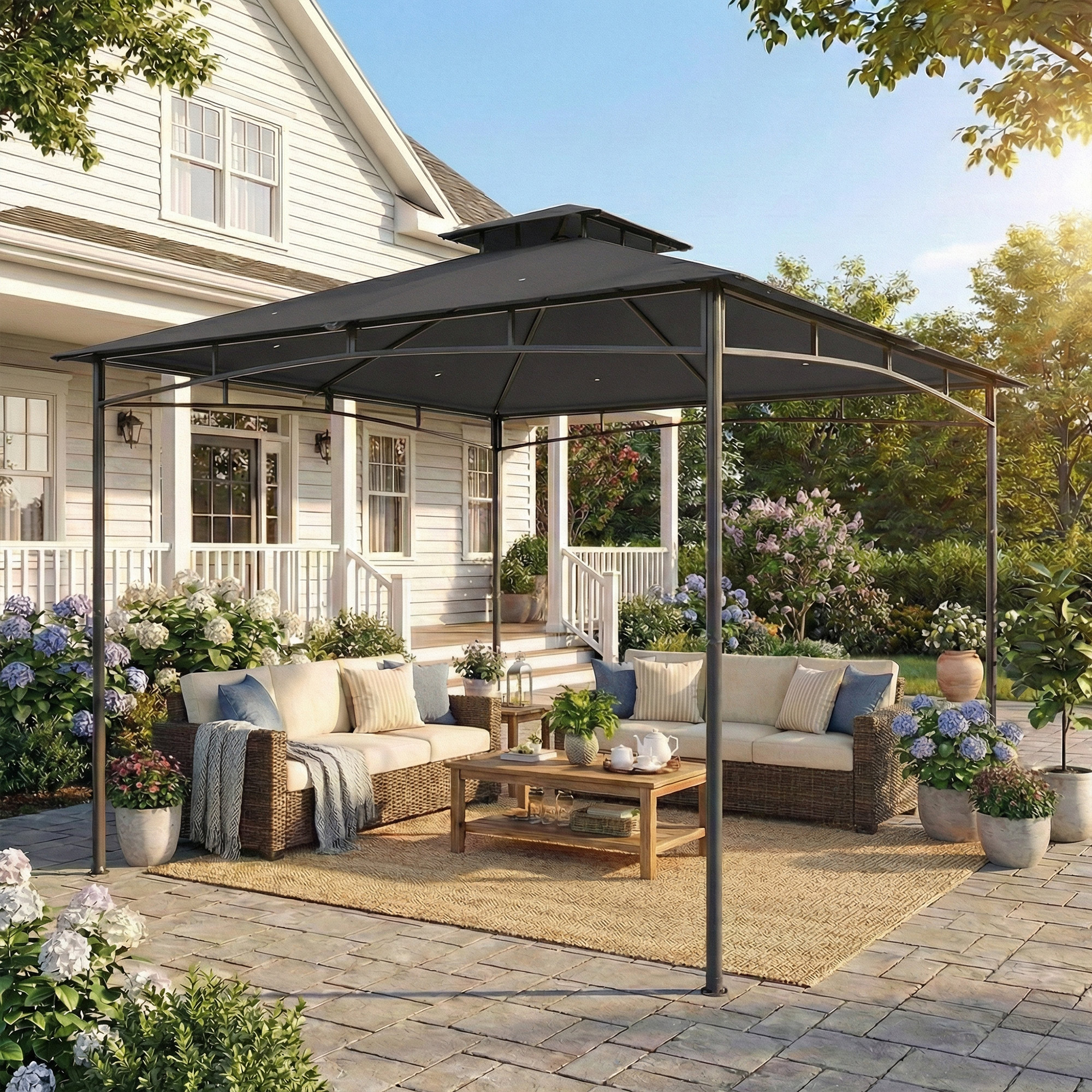 Pavillon 3x3m Wasserabweisend Stabil Winterfest Gartenpavillon mit zurückziehbar Obenrahmen Doppeldach Dunkelgrau