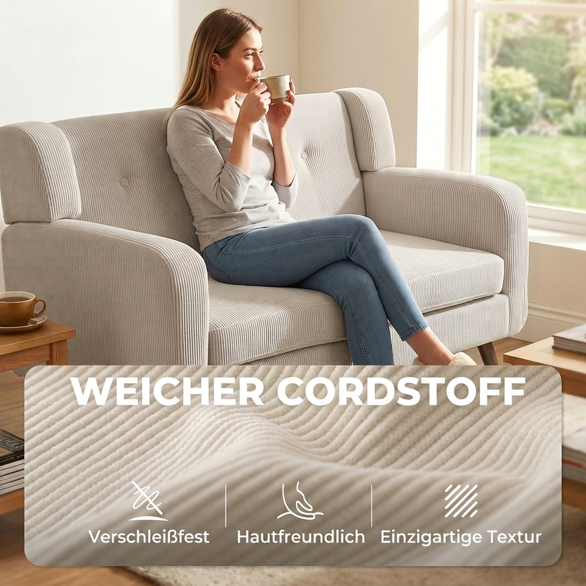 2 Sitzer 118 cm Couch mit Cord-Optik, Knopfheftung Bequeme Modernes Polstersofa mit Holzbeinen für kleine Räume