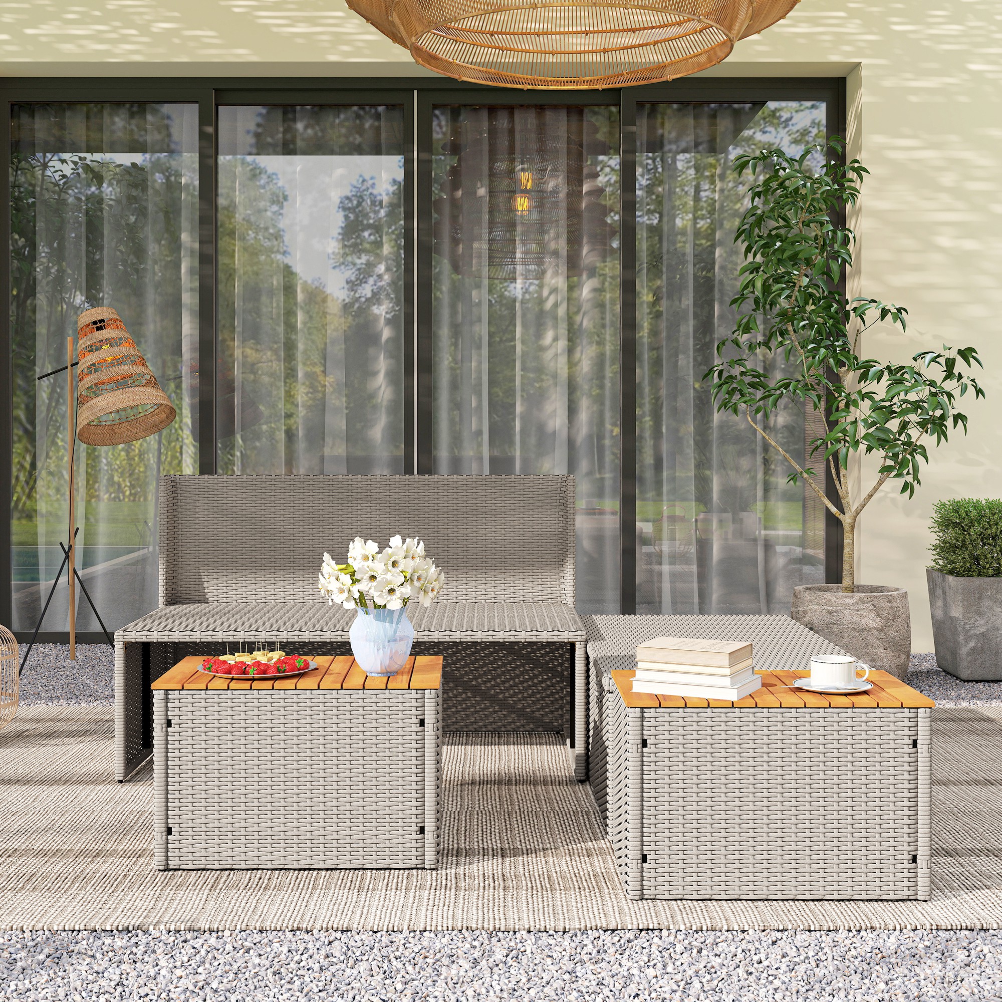 Polyrattan Sonnenliege für 2 Personen Doppelliege mit Fußhocker Stauraum Auflagen 125x114x72,5 cm Grau
