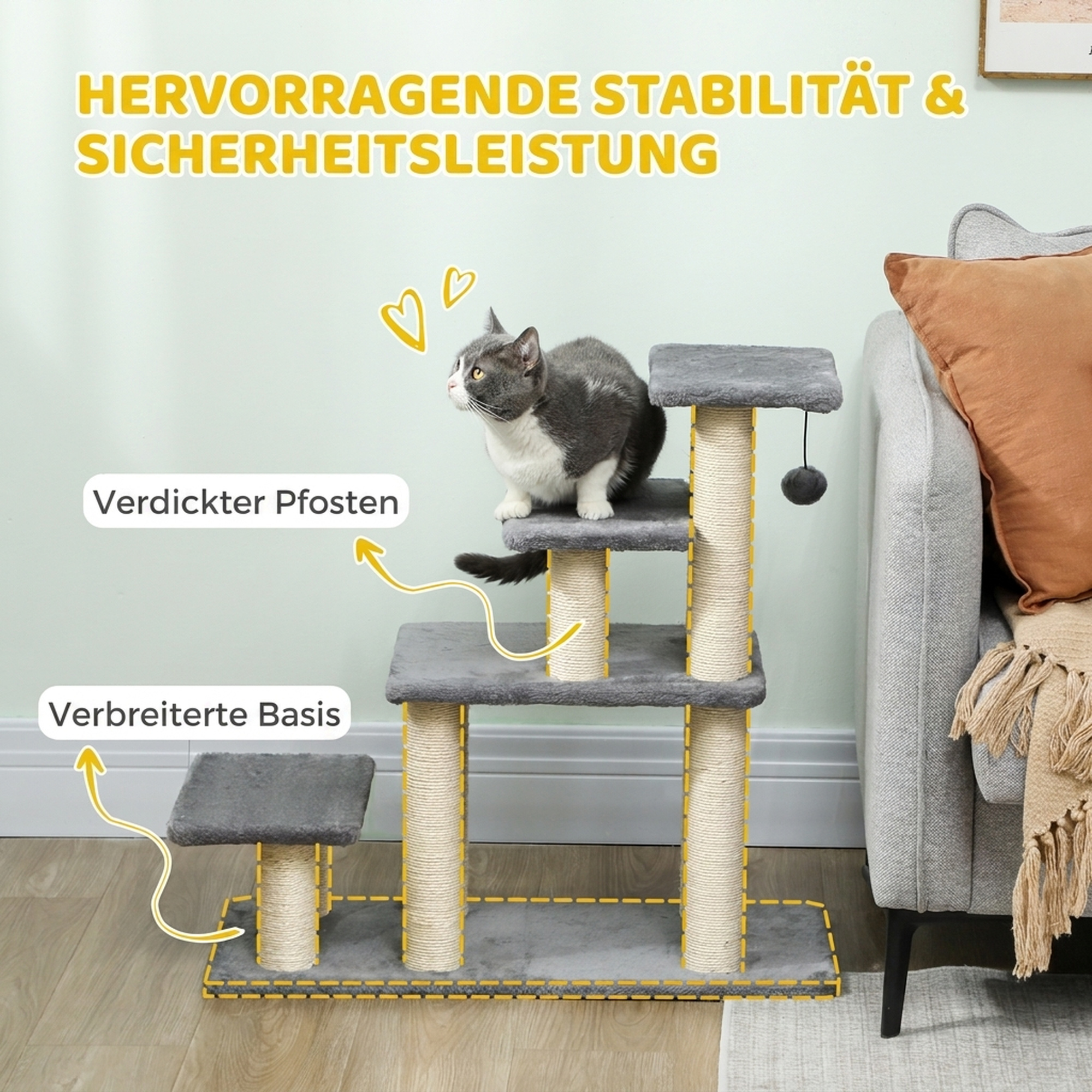 Hundetreppe 4 Stufen 68 cm Hoch verstellbar Haustiertreppe für Kleine Hunde Katzentreppe Sisal Kratzbäumen, Spielball