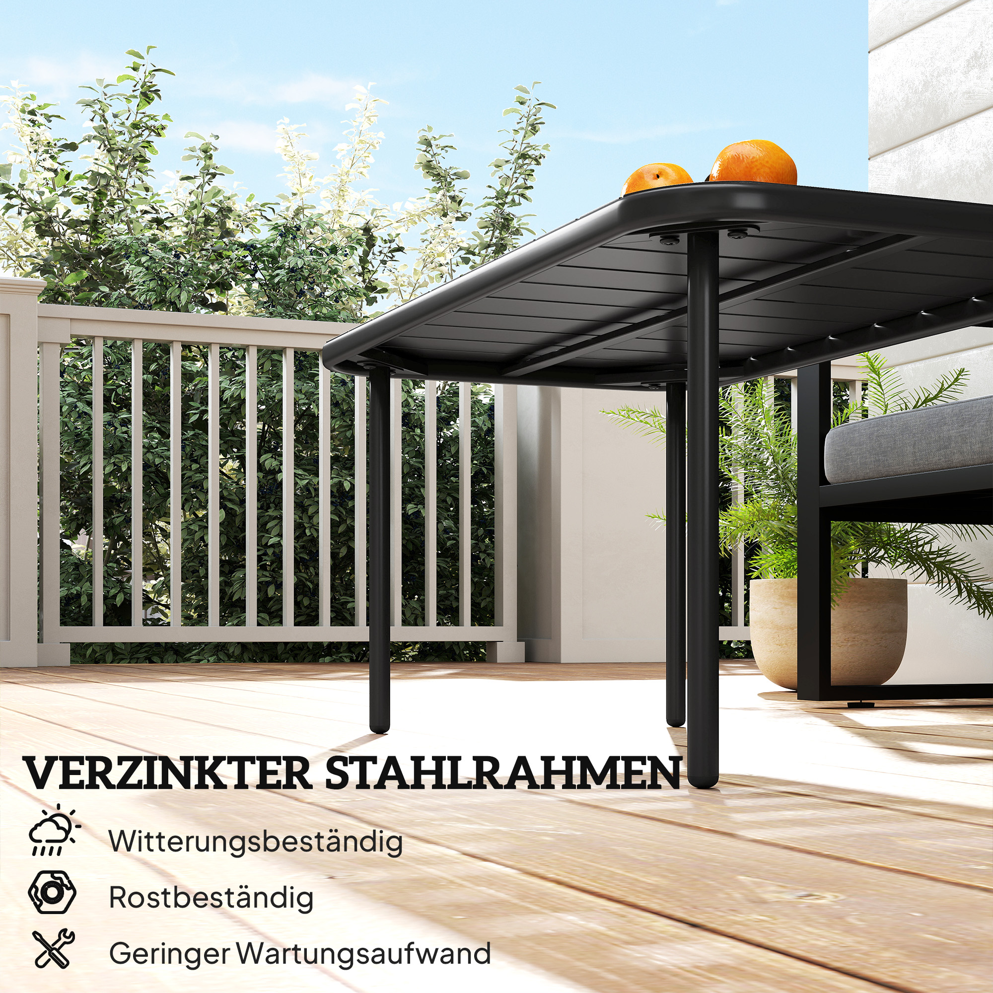 Outdoor-Couchtisch, wetterfester rechteckiger Metall-Patiotisch mit Lamellentischplatte für den Außenbereich