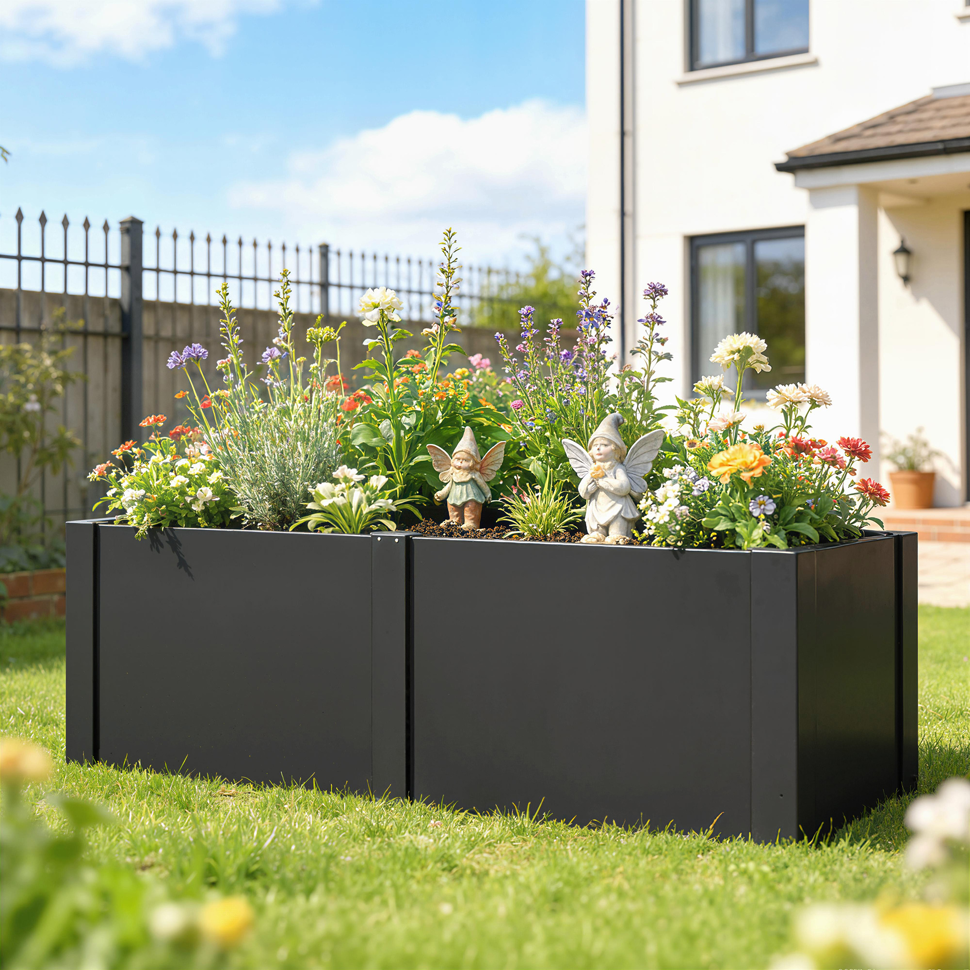 Hochbeet aus galvanisiertem Stahl, 150 x 53 x 55 cm, Outdoor-Pflanzkasten mit Trennwand, Schwarz