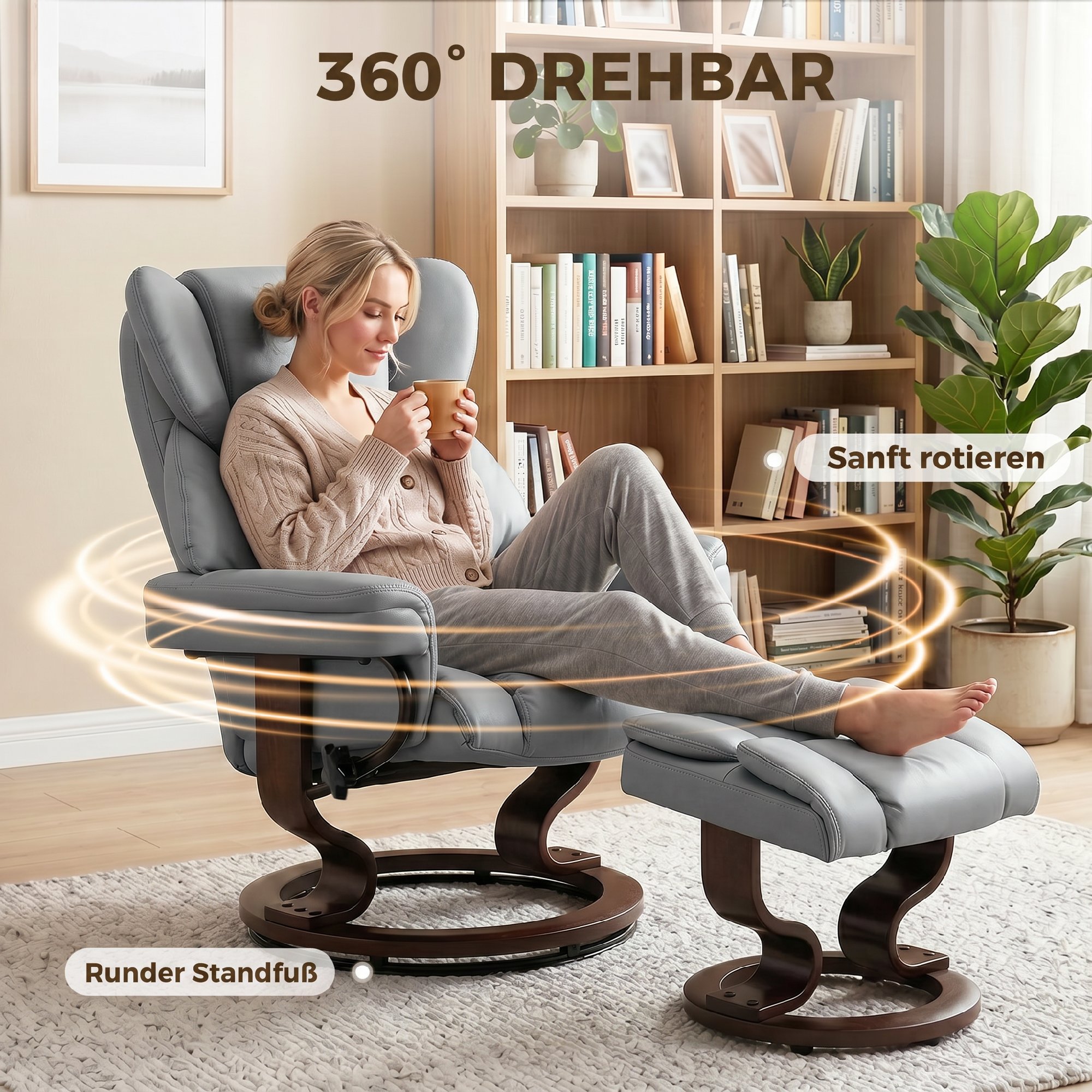 Drehbarer Relaxsessel mit Fußhocker, hohe Rückenlehne, hochdichter Schaumstoff, Holzfuß, hellgrau