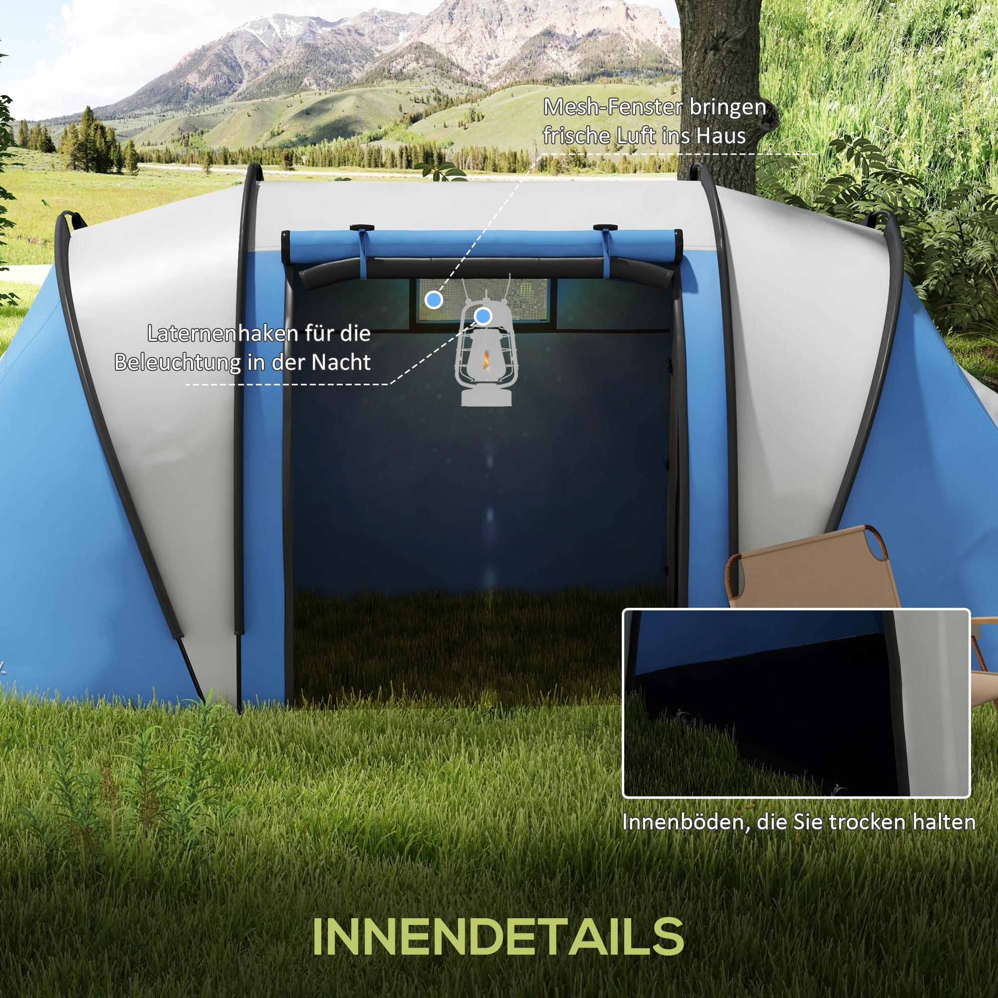 Campingzelt für 4-5 Personen leicht wasserabweisend Familienzelt mit 3 Zimmer Seitentür Fenster Blau