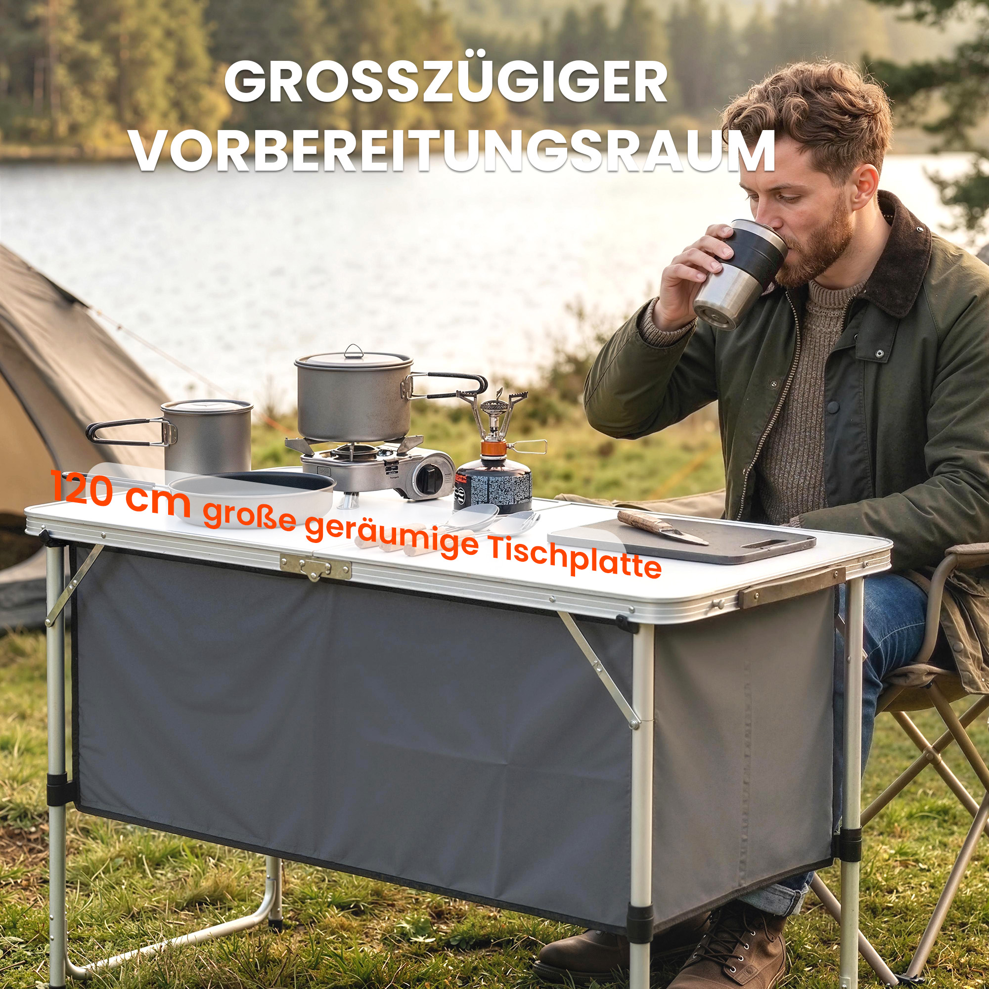 Camping Küche faltbar Campingschrank mit Aluminiumgestell Staufach Arbeitsplatte für Camping Reisen Silber