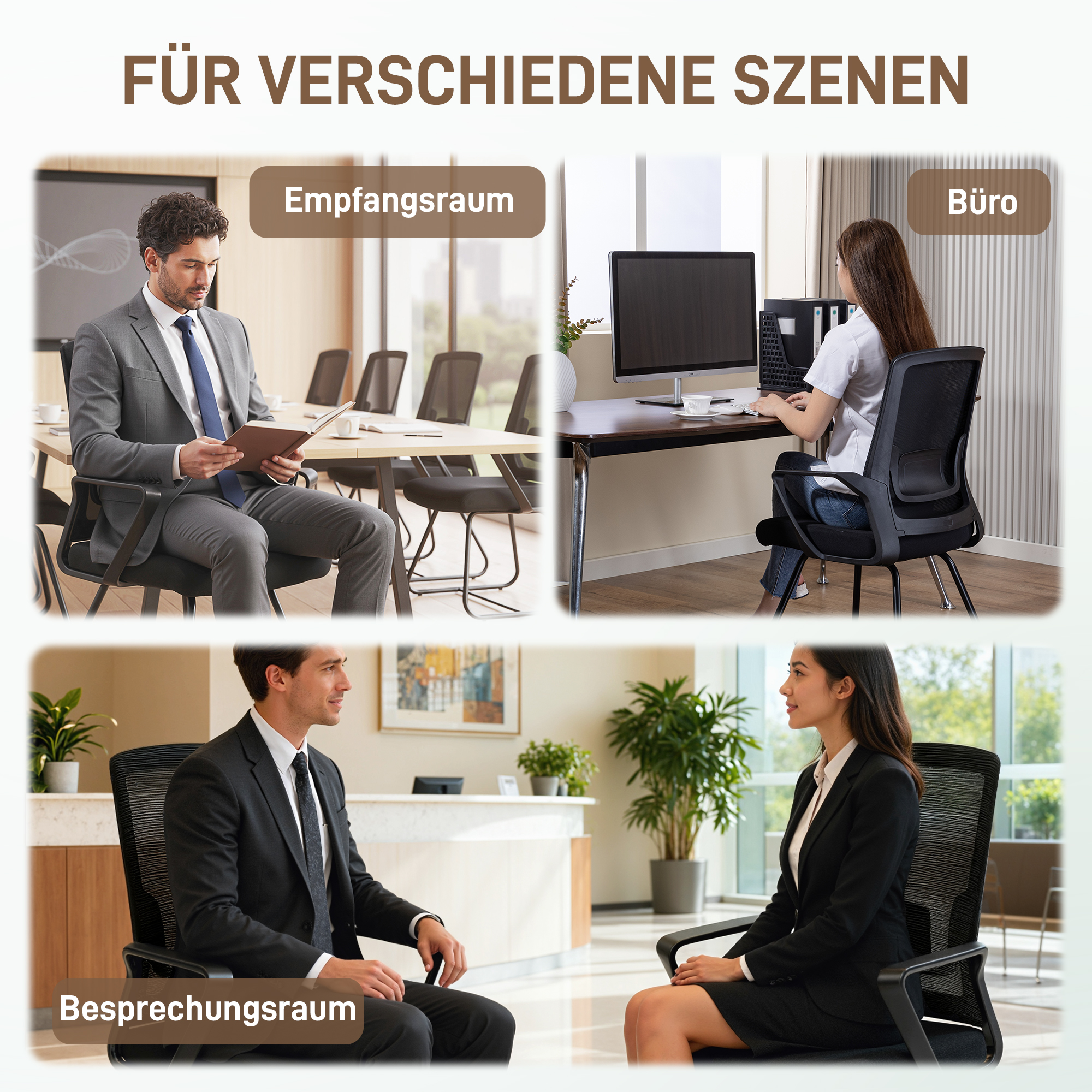 Bürostuhl Besucherstuhl mit Armlehne, Lendenstütze, Netzbespannung für Büro, Konferenzraum Schwarz