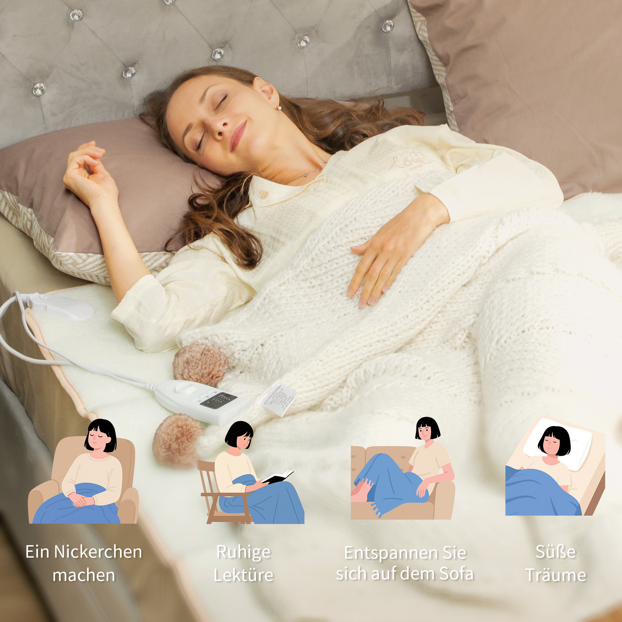 Heizdecke mit Dualzonensteuerung 160 x 140 cm maschinenwaschbar mit 5 Heizstufen, 10 Stunden Timer, Überhitzungsschutz