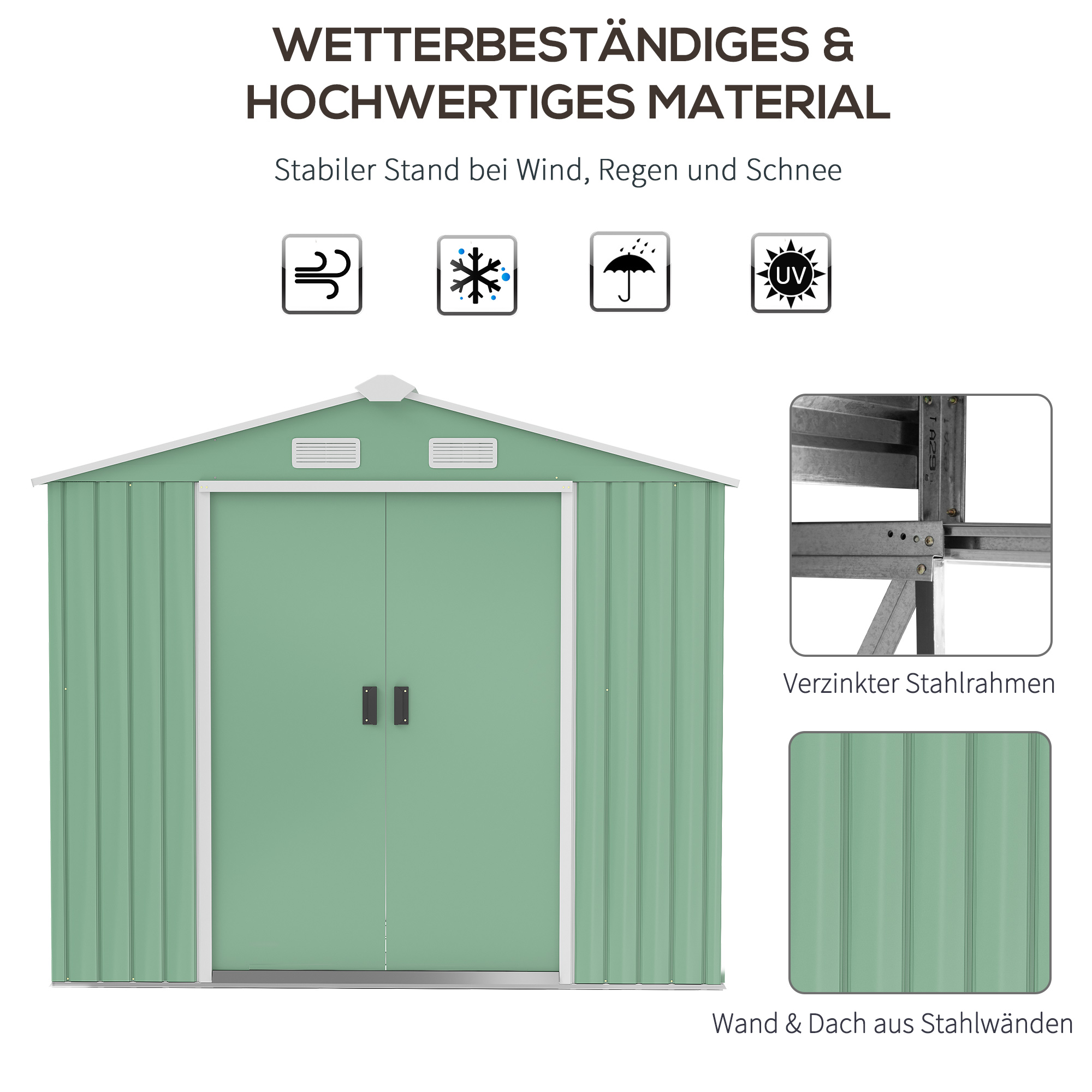 Gartenschuppen, 2 Schiebetüren, Lüftungsfenster, Bodenrahmen, rostfrei, Stahl, hellgrün, 2,13 x 1,30 x 1,85 m