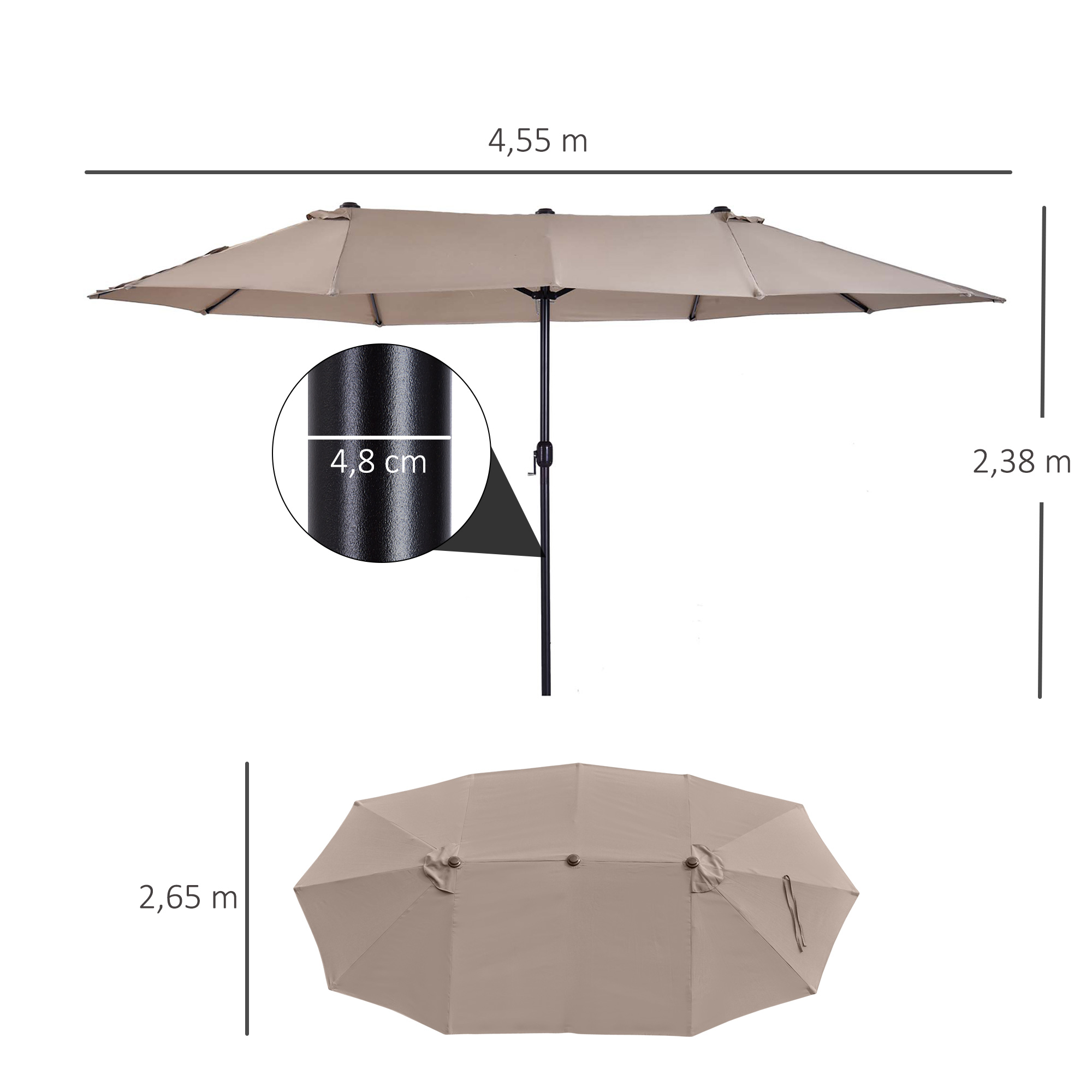 Doppelsonnenschirm 455 x 270 cm Gartenschirm mit Handkurbel oval stabil Metallstange Marktschirm Doppelsonnenschirm Terrassenschirm Sonnenschutz für Strand Balkon Terrasse Garten Hellkaffee