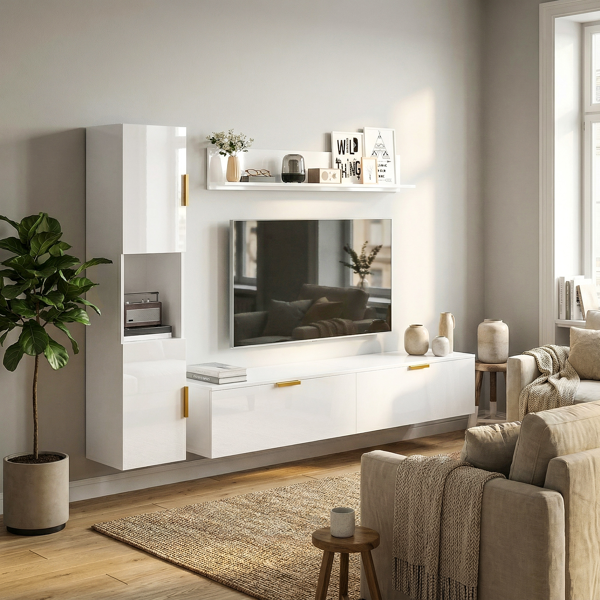 Schwebendes TV-Board mit Klapptüren Entertainment-Center Wandregal Schrank 180 cm Hochglanz Weiß