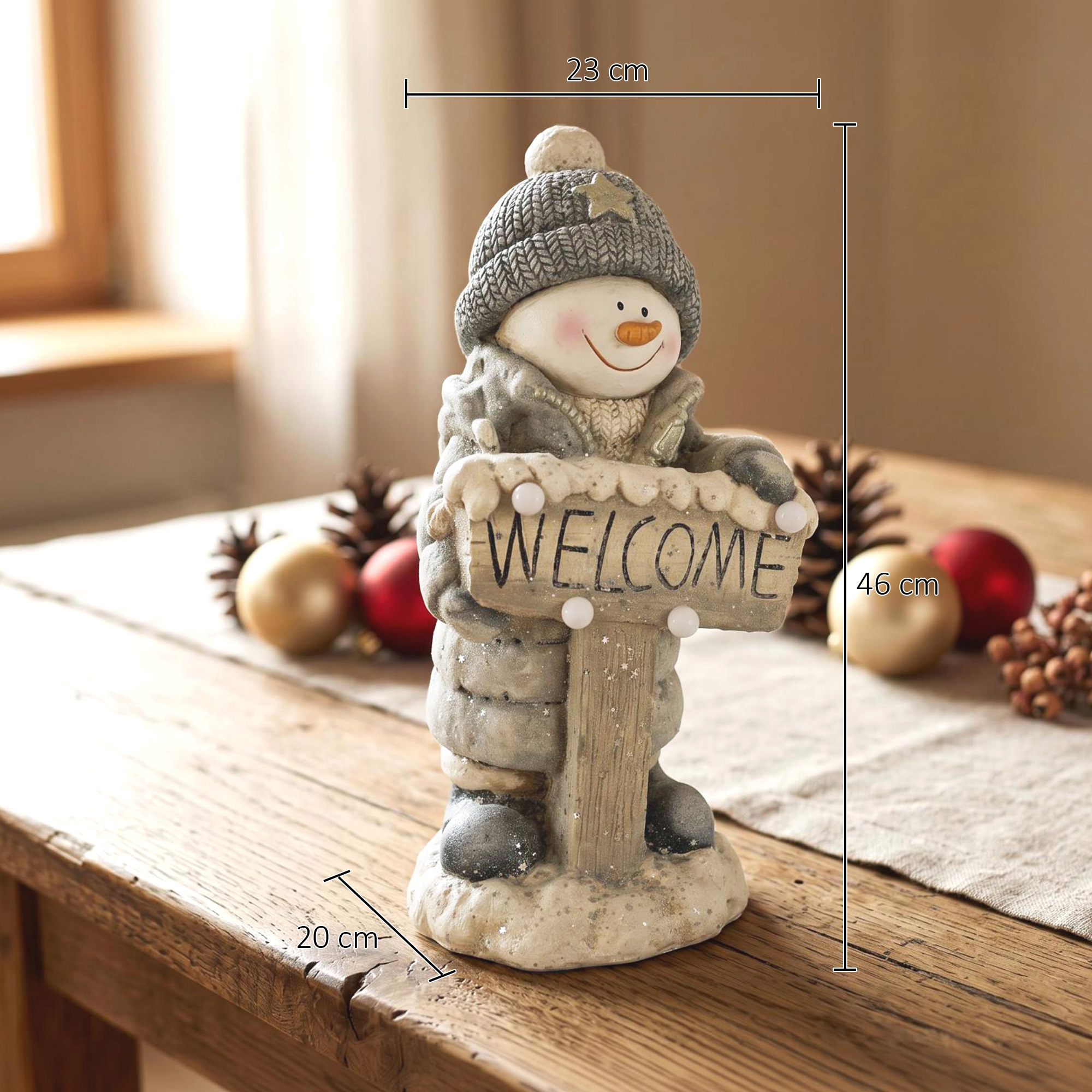 Weihnachtsdeko Schneemann-Figur, beleuchtete Weihnachtsstatue aus MGO mit Welcome-Schild, LEDs und Tages-Timer