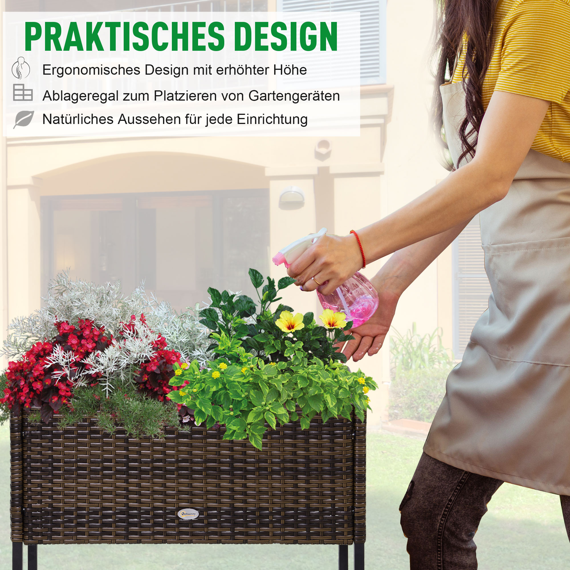 Hochbeet, Blumenkasten, tiefe Ablage, Metallrahmen/Polyrattan, 70 x 30 x 70 cm, Braun/Schwarz