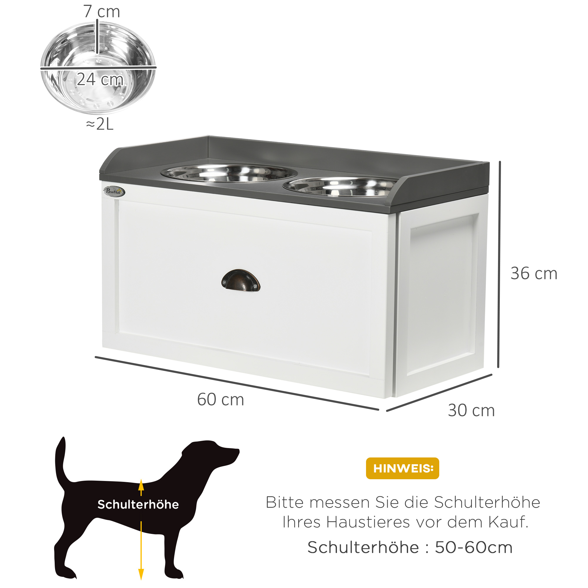 Futterstation, 2 Fressnäpfe je 2 Liter, Edelstahl, mit Schublade, für große Hunde, weiß+grau, 60 x 30 x 36 cm