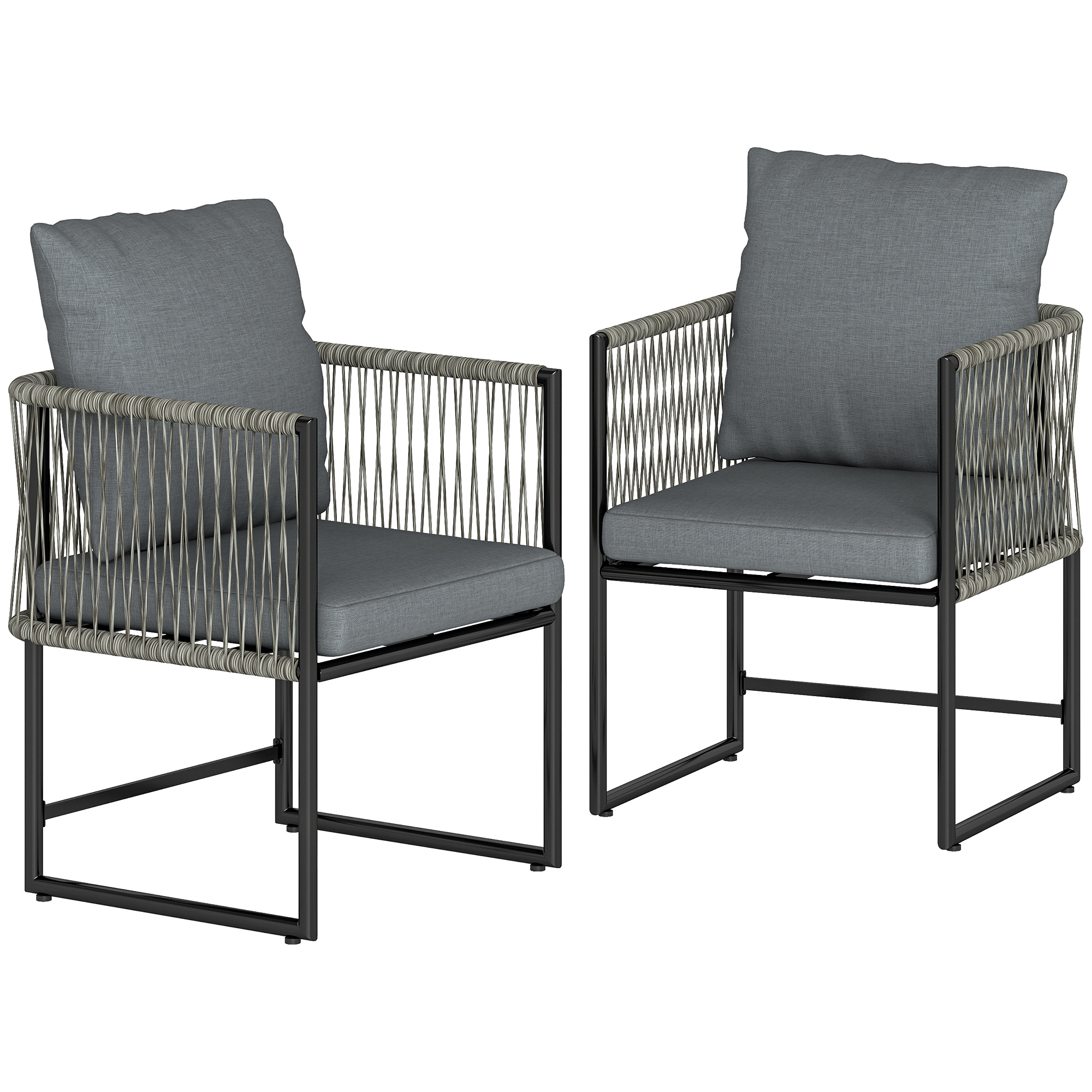 Gartenstuhl 2er Set wetterfest Gartenstühle aus Stahl PE-Rattan mit Kissen Armlehne Rückenlehne 52x52x66 cm Dunkelgrau