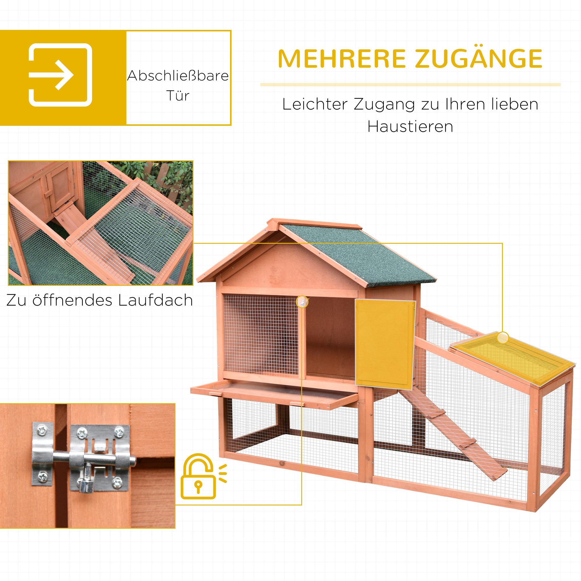Kaninchenstall aus Holz auf Zwei Etagen mit Rampe 144x64,5x100 cm Hasenstall mit wasserabweisend Bitumendach Kleintierstall Winterfest für draußen mit mehreren Eingängen herausnehmbar Schublade